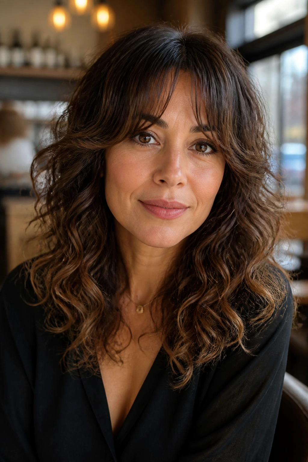 Close-up of a real woman with curtain bangs and mocha ends framing her face.