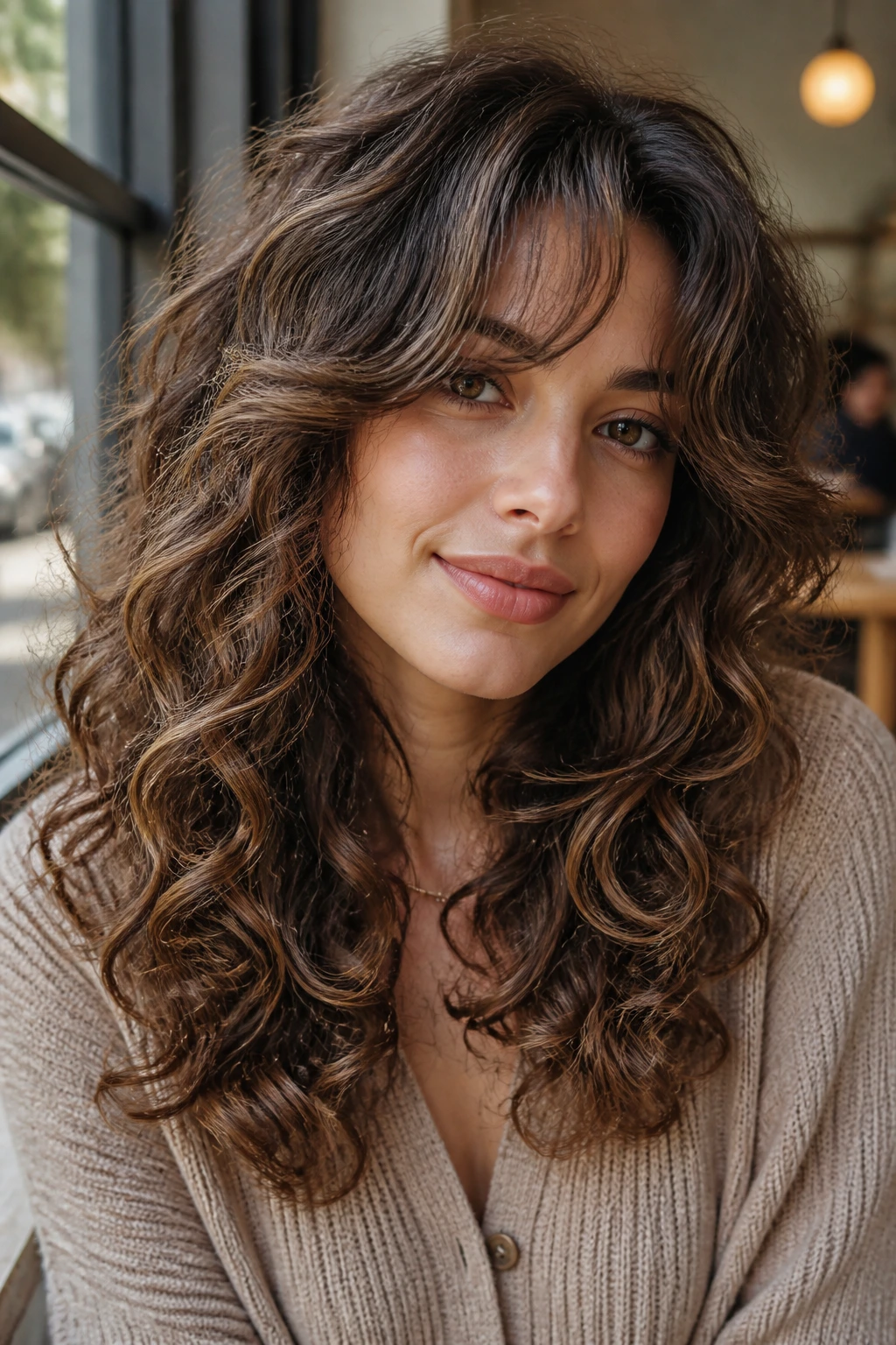 Close-up of a real person with curtain bangs and mocha framing