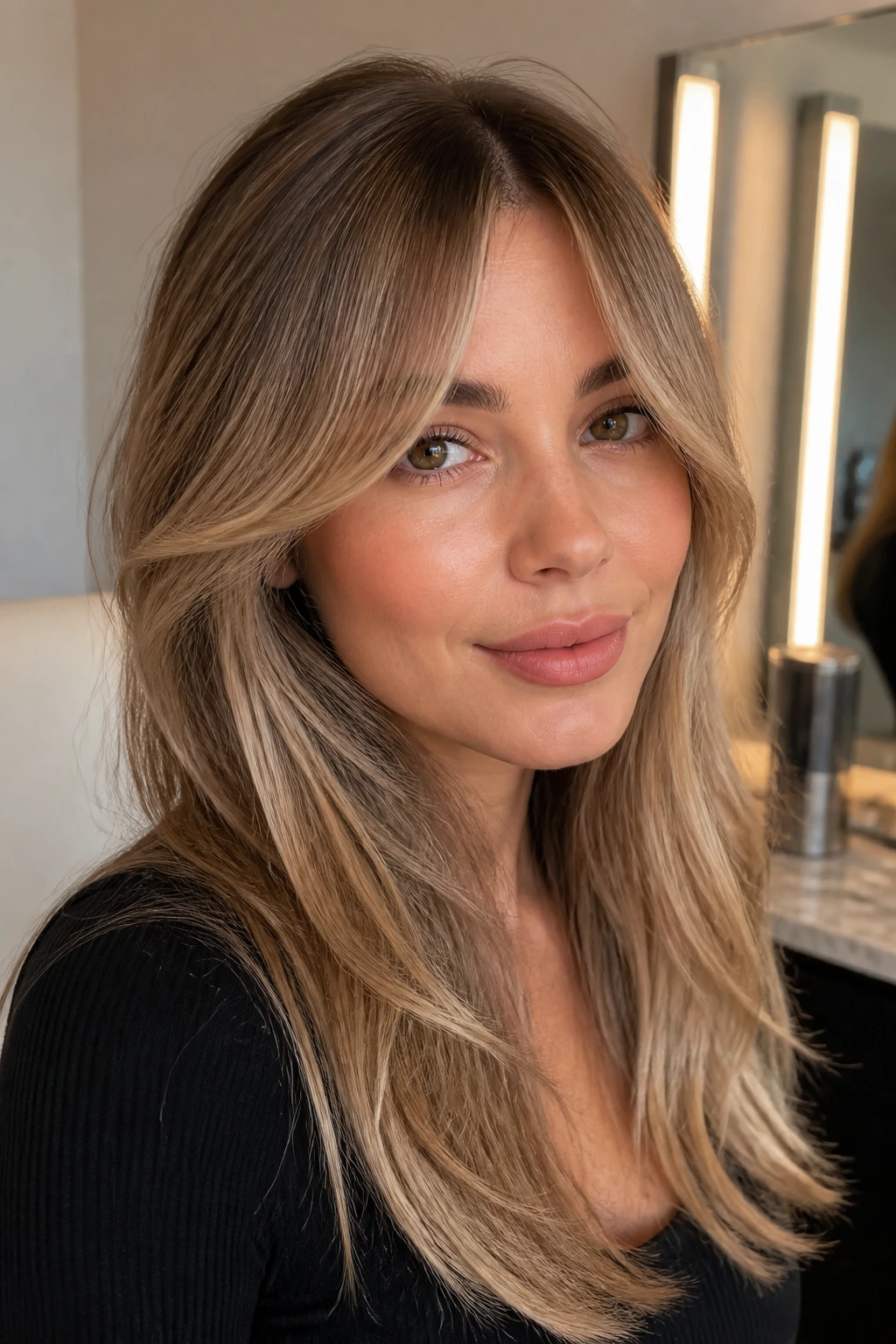 Close-up of a real person with soft curtain bangs and sand-blonde money piece.
