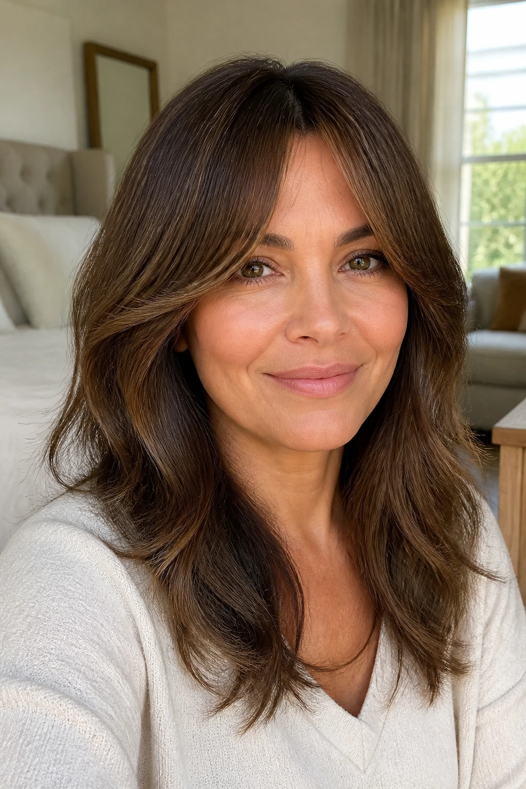 Close-up portrait of a real woman wearing a monofilament wig with soft curtain bangs