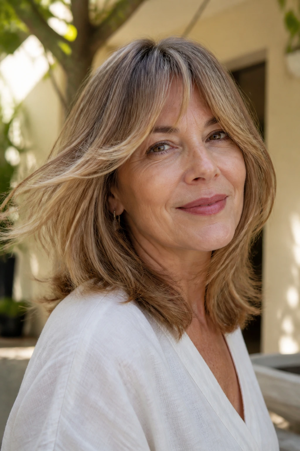 Close-up of a real woman with curtain bangs showing natural movement in hair