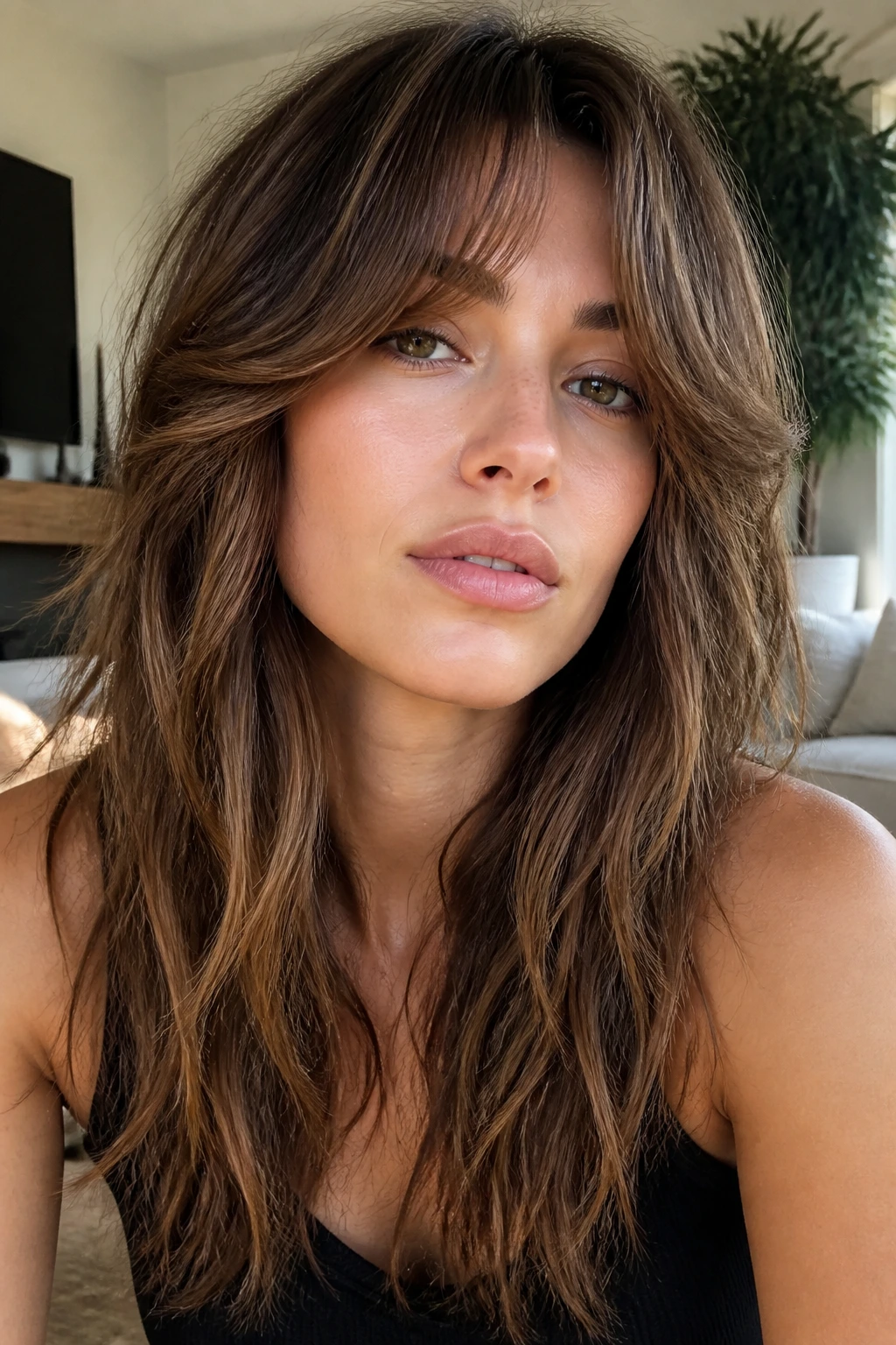 Portrait of a real woman with curtain bangs and long choppy layers.