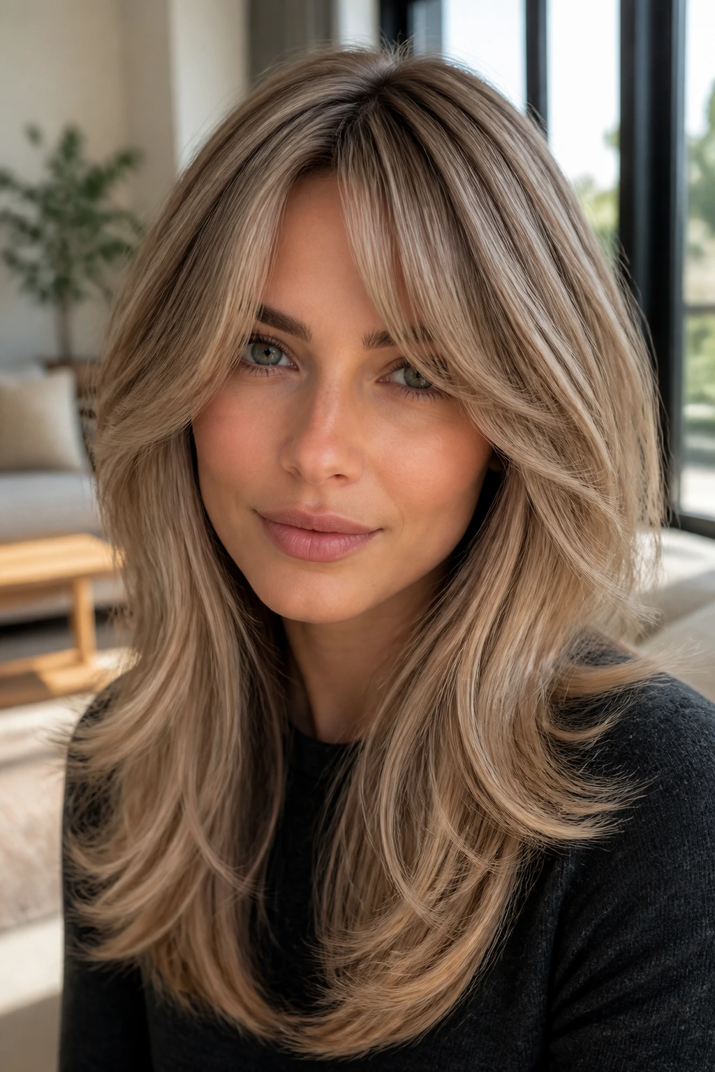 Portrait of a woman with curtain bangs and mushroom blonde layers