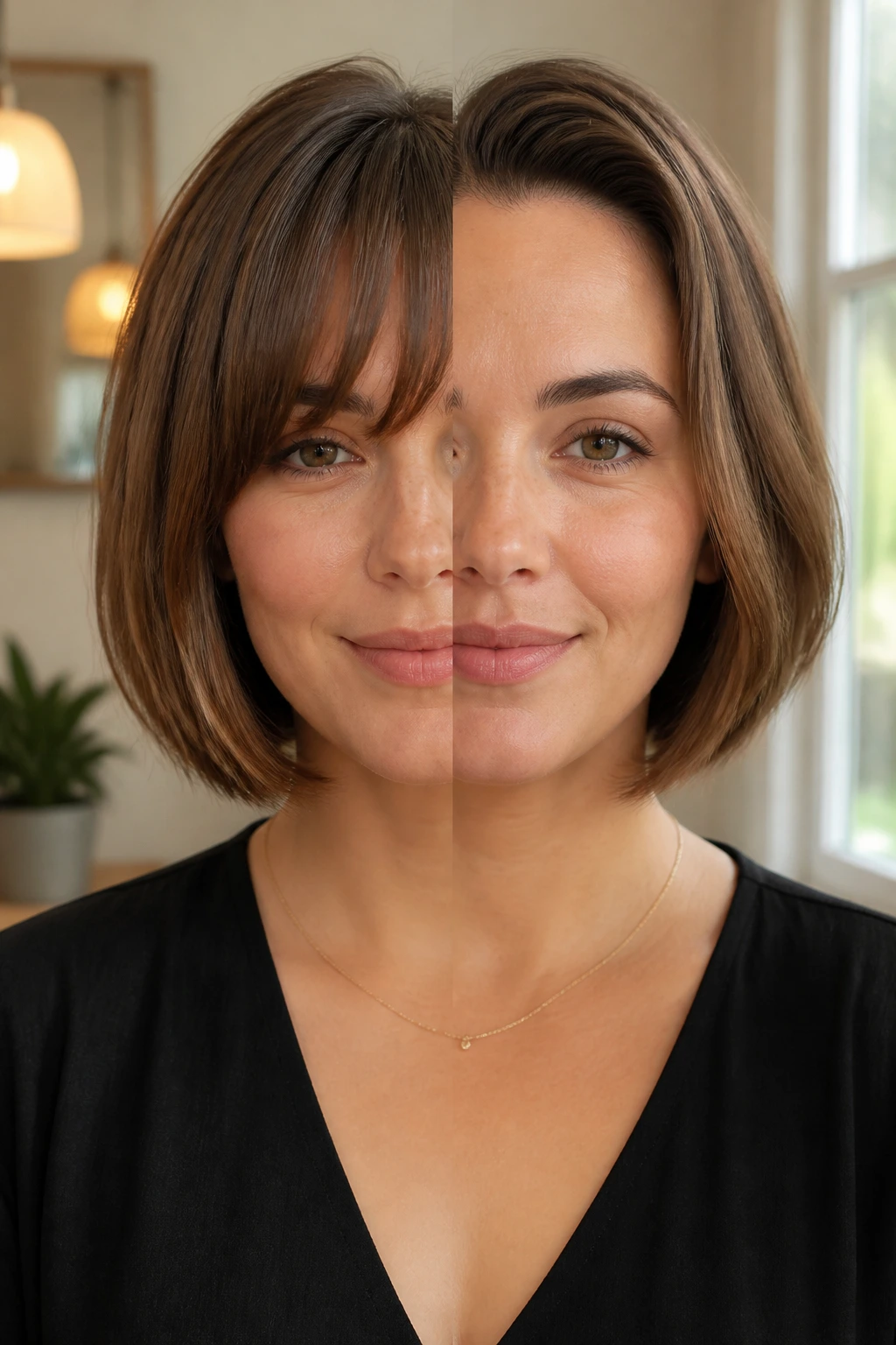 Woman with curtain bangs on one side and no bangs on the other on a chin-length cut.