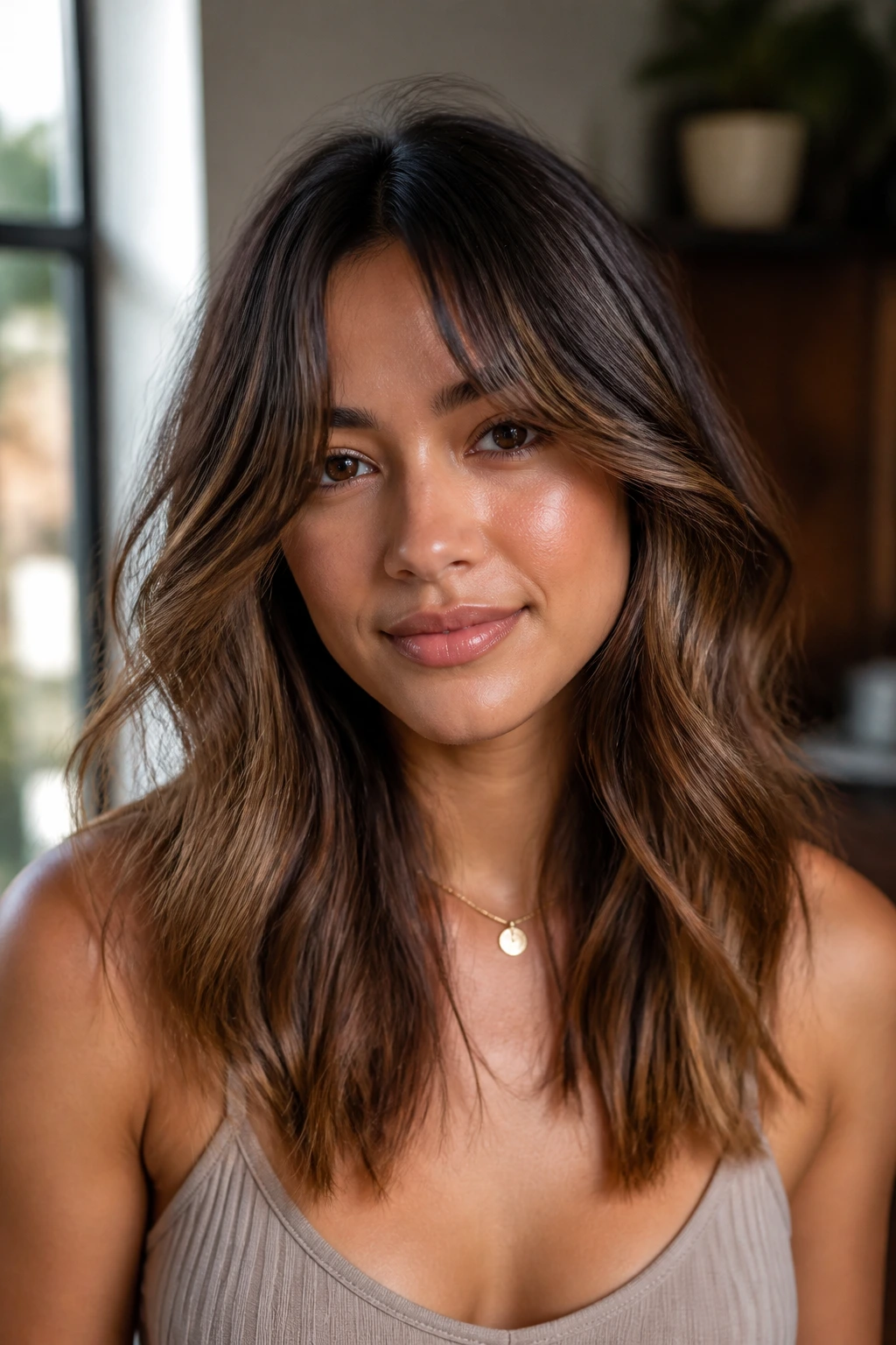 Portrait of real woman with curtain bangs and brown ombre framing her face