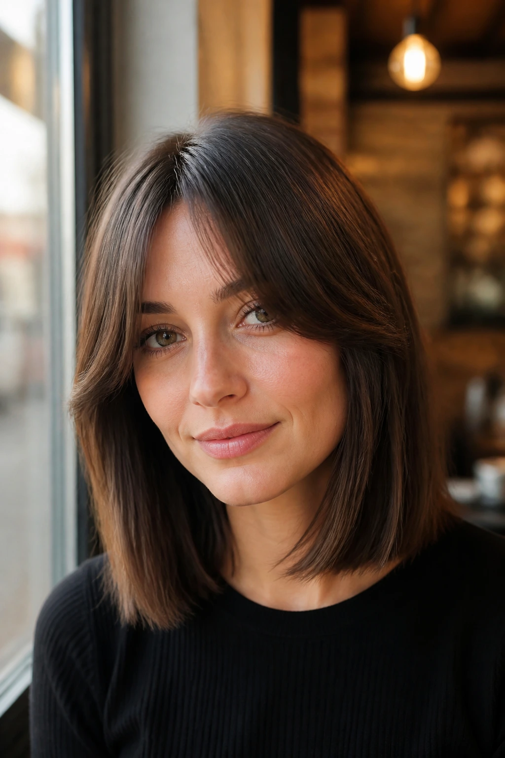 Woman with curtain bangs and shoulder-length cut in cafe light
