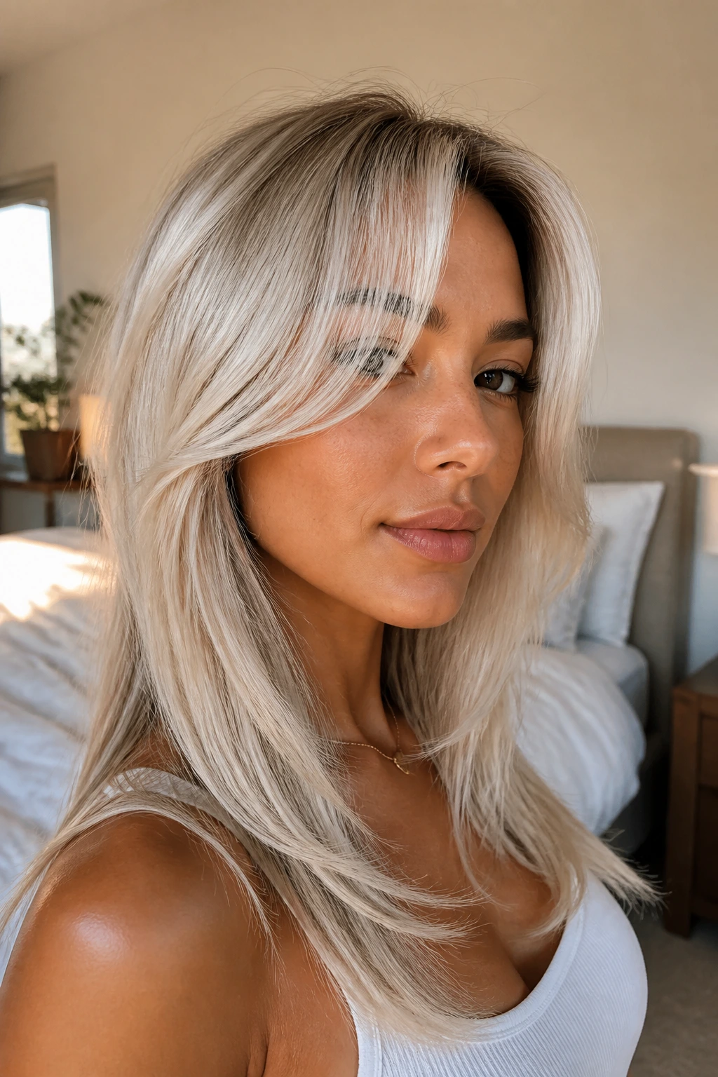 Close-up portrait of a real woman with frosted curtain bangs and platinum hair in warm bedroom light