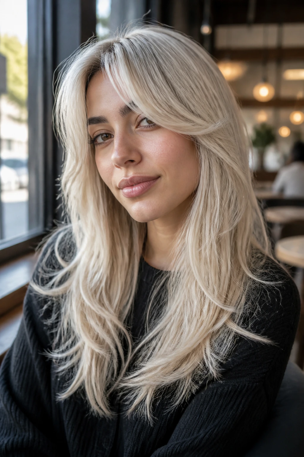Close-up of curtain bangs with feathered platinum layers on olive skin