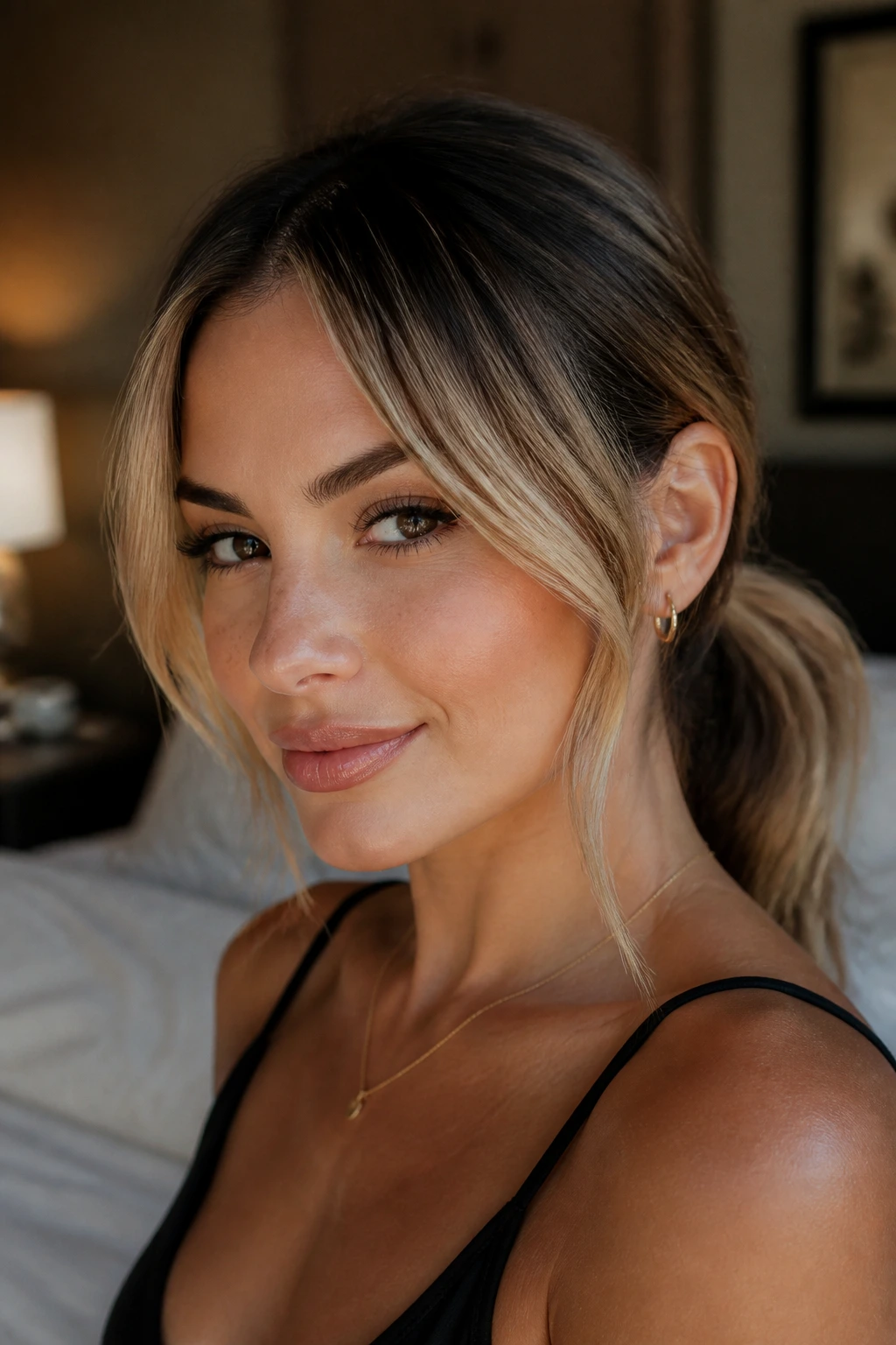 Close-up portrait of curtain-bang low ponytail with money-piece highlights on a real woman in a cozy bedroom