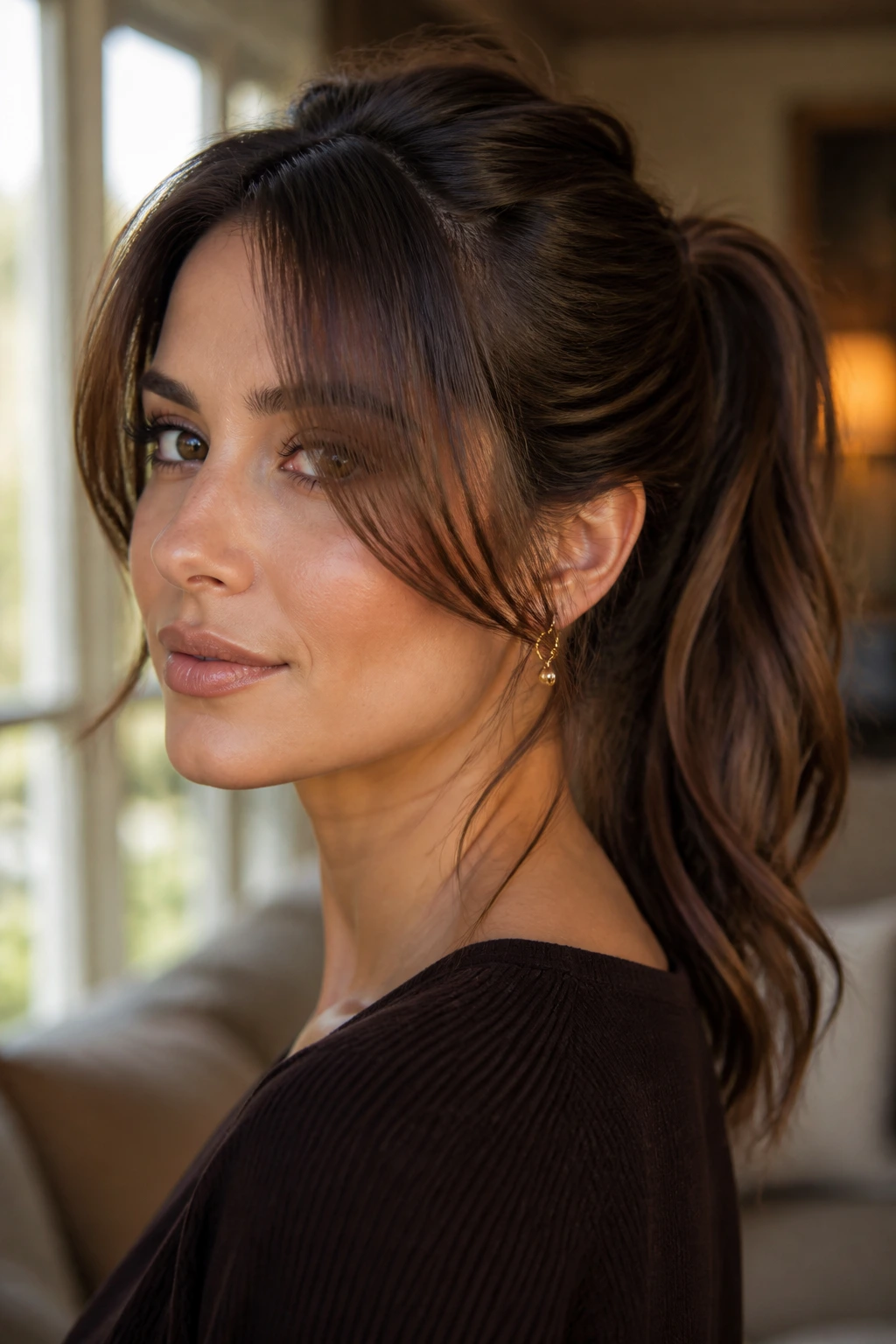 Close-up of a woman with curtain bangs and a ponytail in brown hair