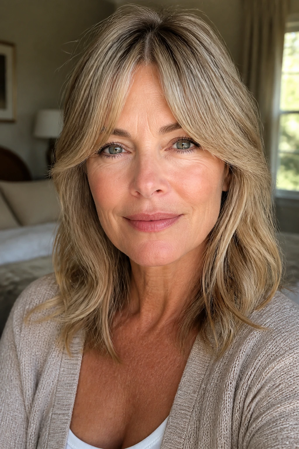 Close-up portrait of a woman with curtain bangs softly framing the eyes in a cozy bedroom.