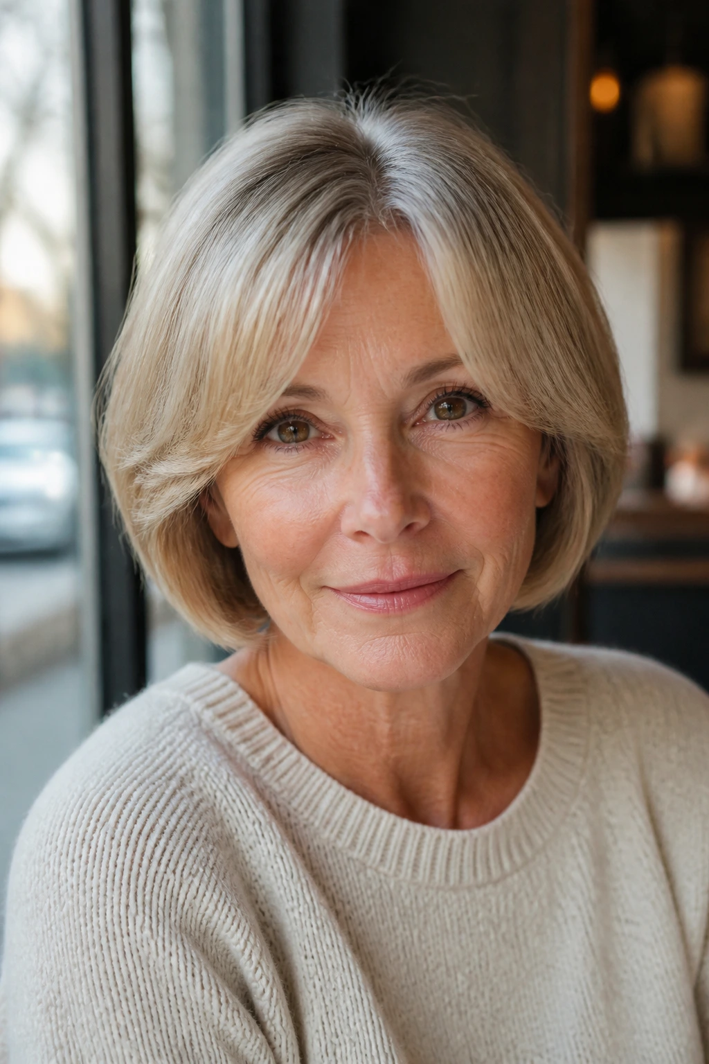 Portrait of a real woman with curtain bangs and a bob in natural light