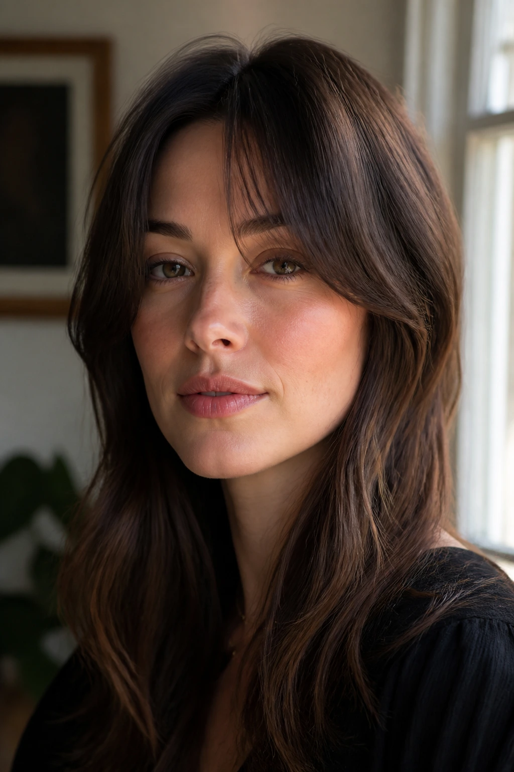 Close-up of a real person with curtain bangs framing the face