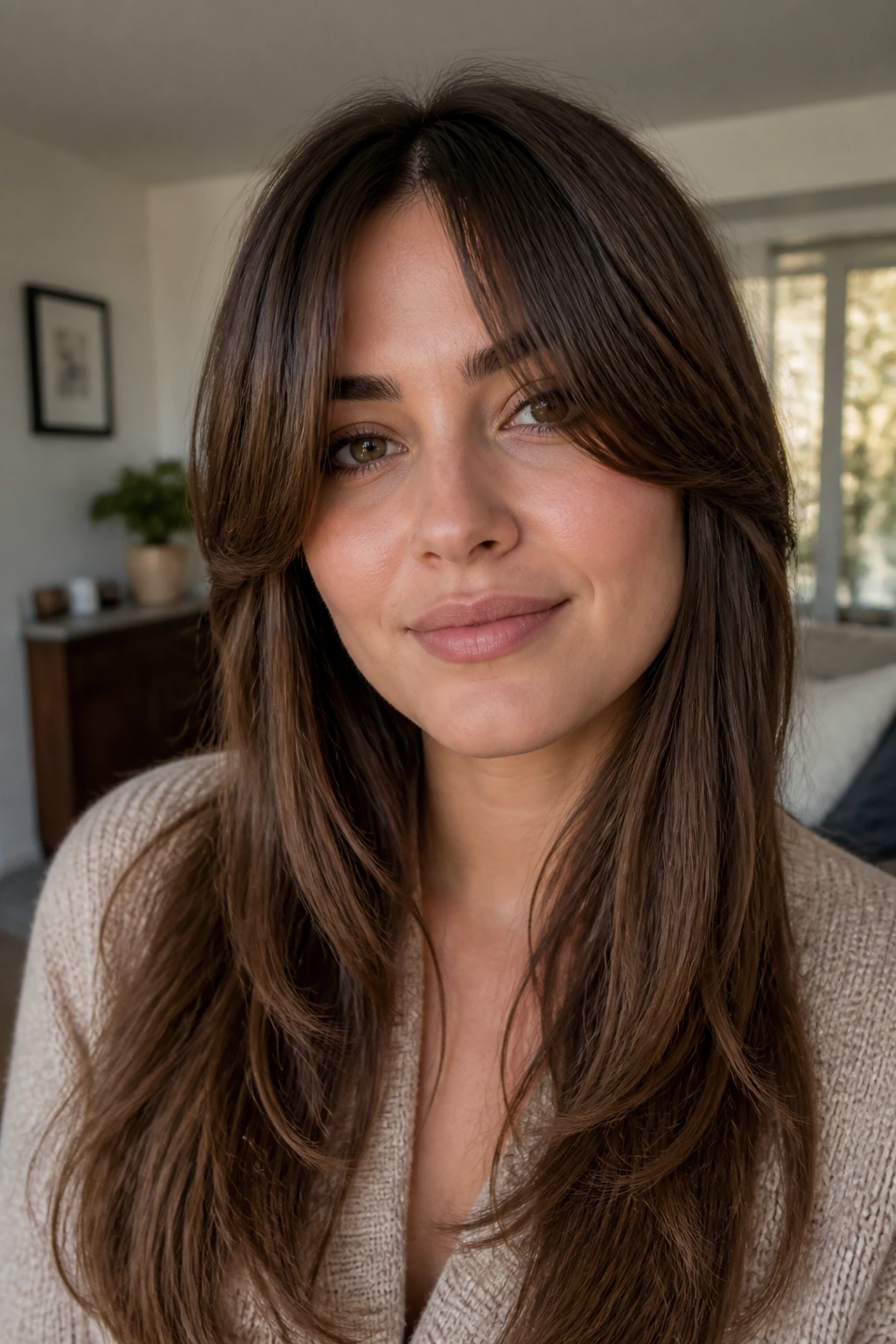 Close-up of a real woman with full curtain bangs in a cozy indoor setting.