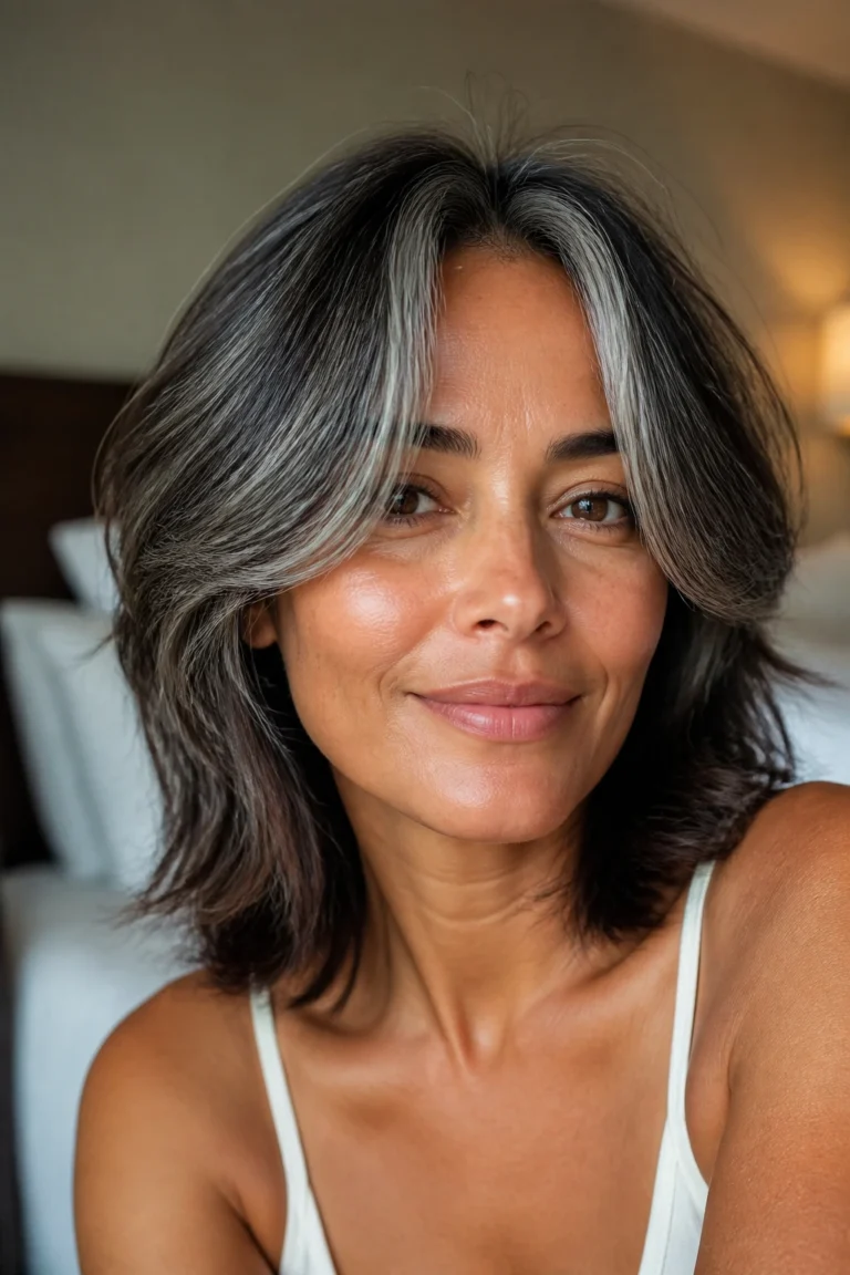 22 Gray Hair Color Ideas for Tan Skin with Curtain Bangs