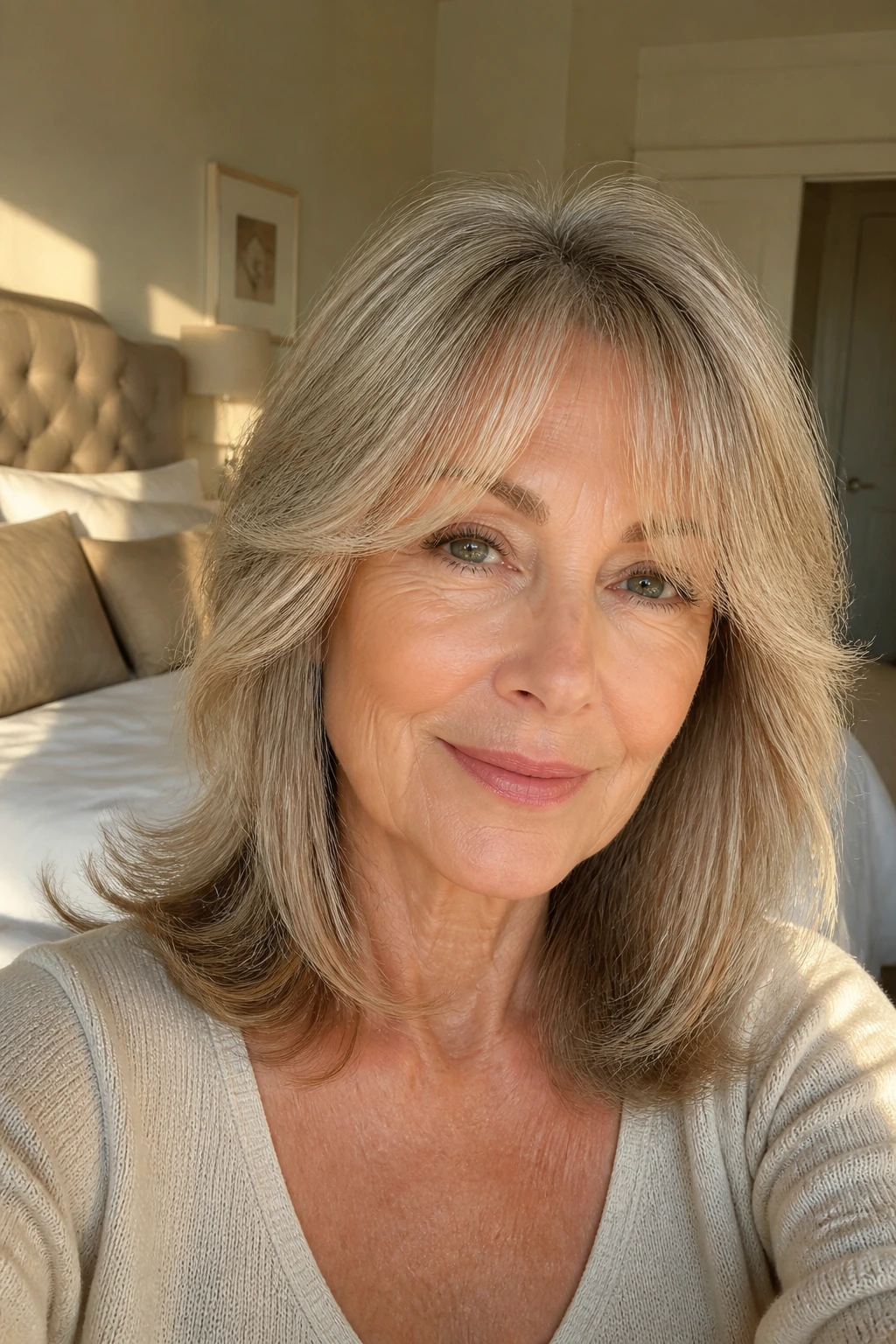 Close-up of an older woman with curtain bangs in warm window light