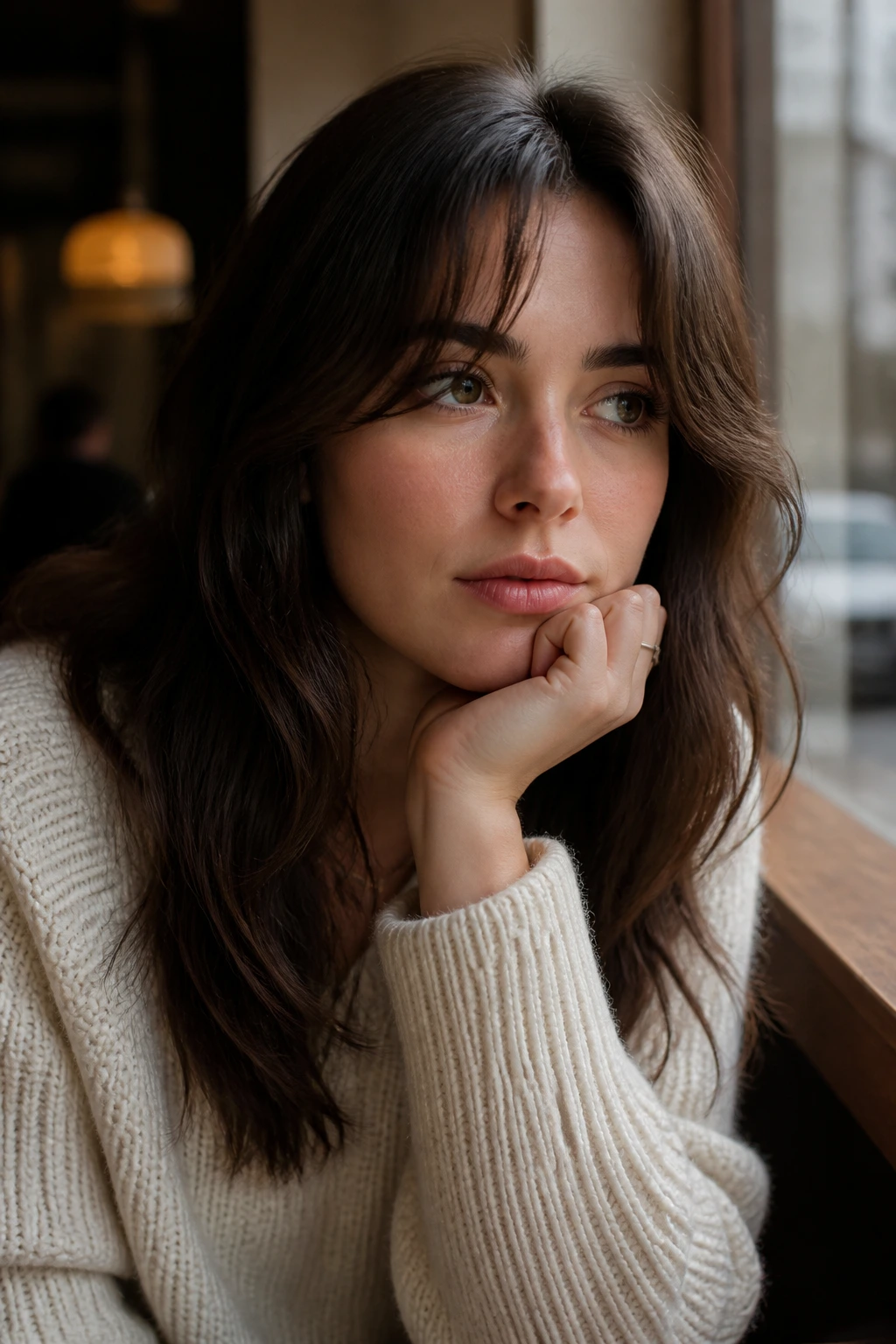 Questioning look on woman with curtain bangs in winter setting.