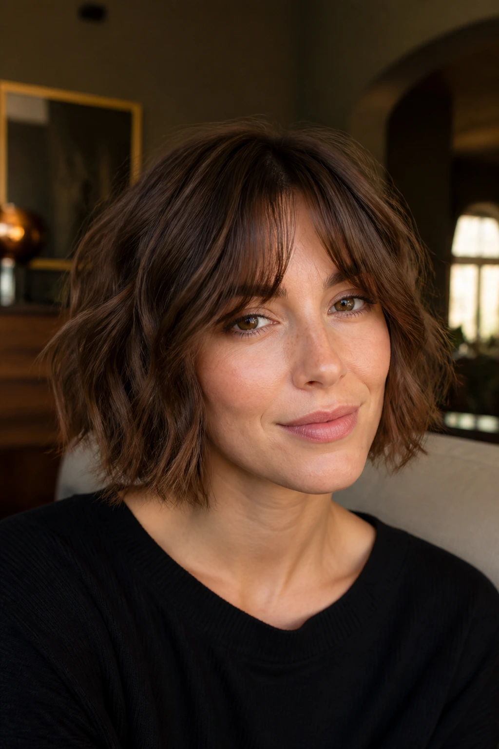 Curtain-bang razor bob on a real woman