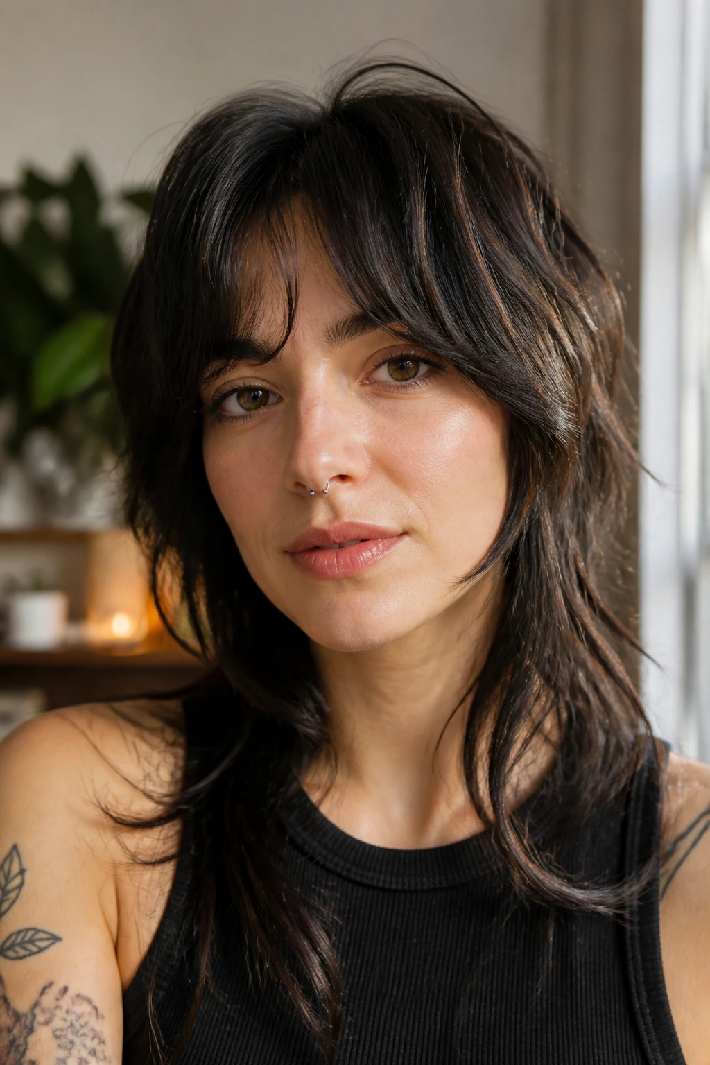 Close-up portrait of a real person with curtain bangs in soft window light