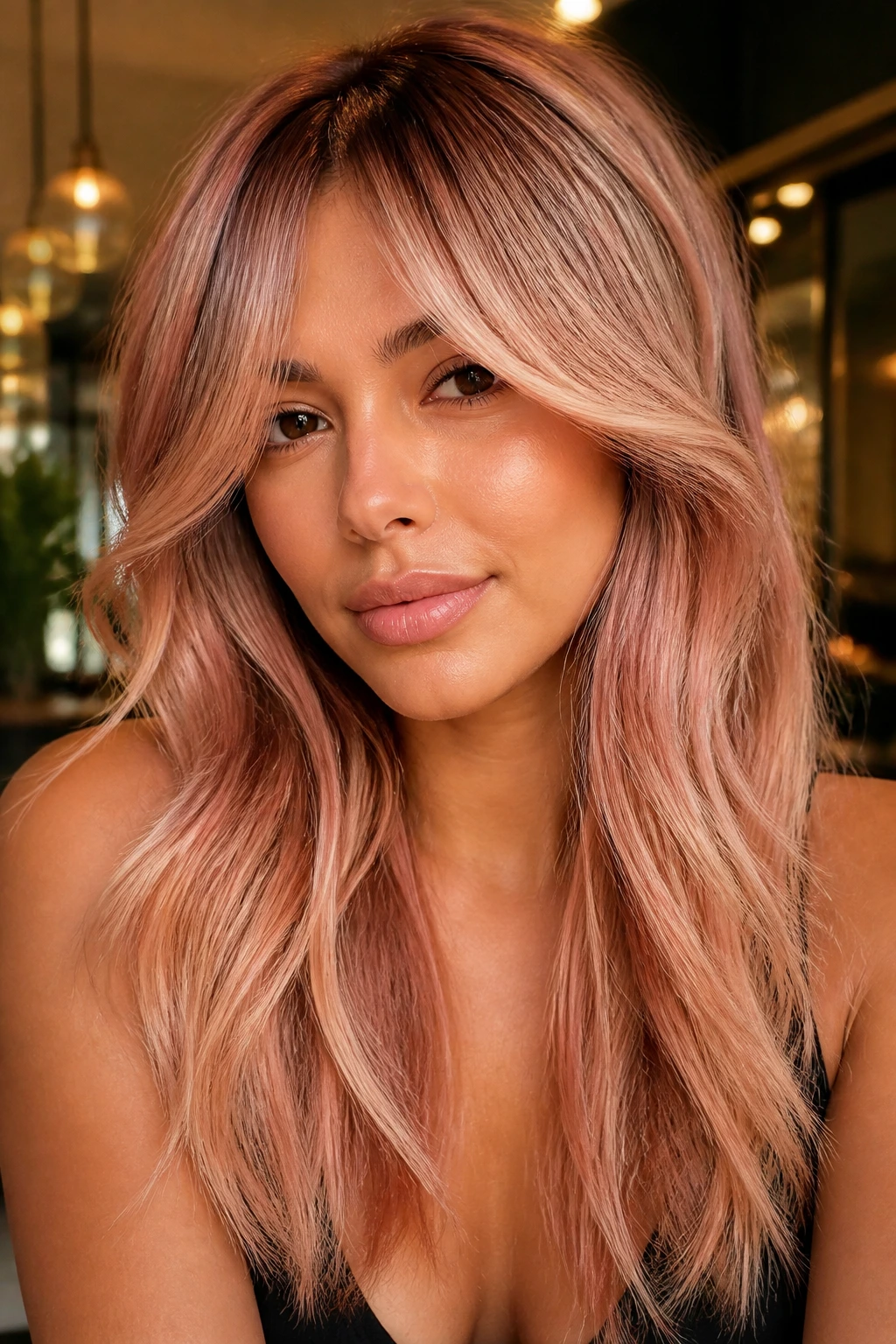 Portrait of a woman with curtain bangs and rose-gold melt in strawberry blonde balayage