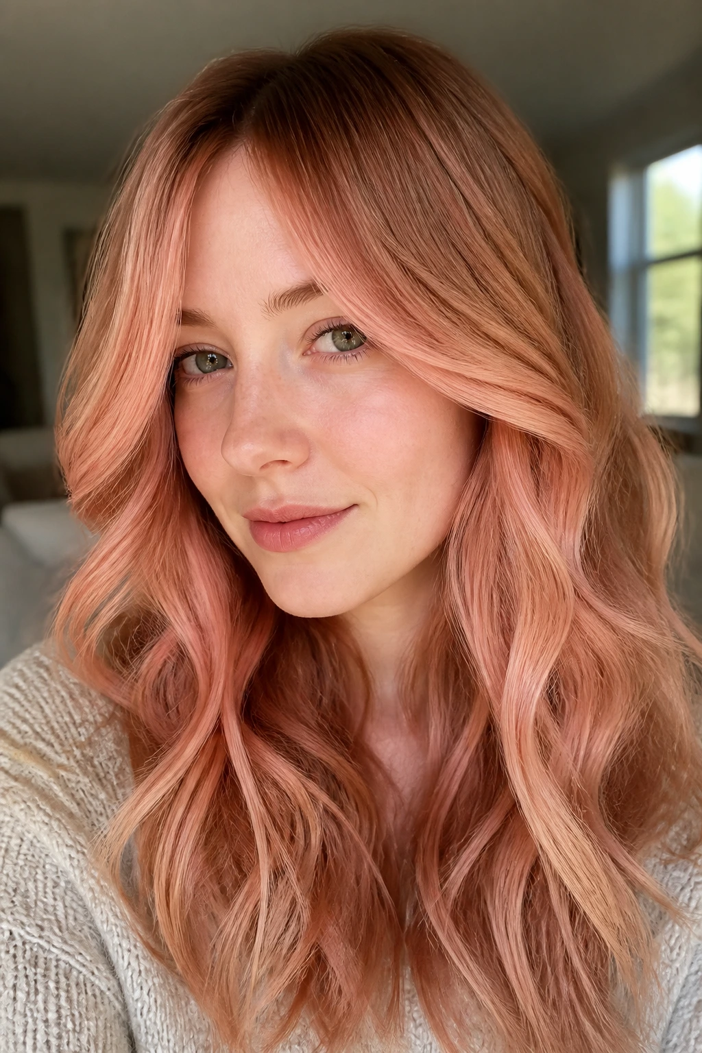 Woman with curtain bangs and rose-gold framing on pale skin
