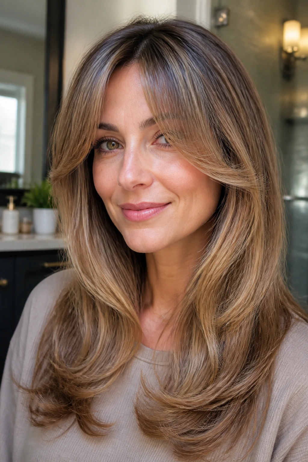 Close-up of a real woman with curtain bangs and a round brush blowout.
