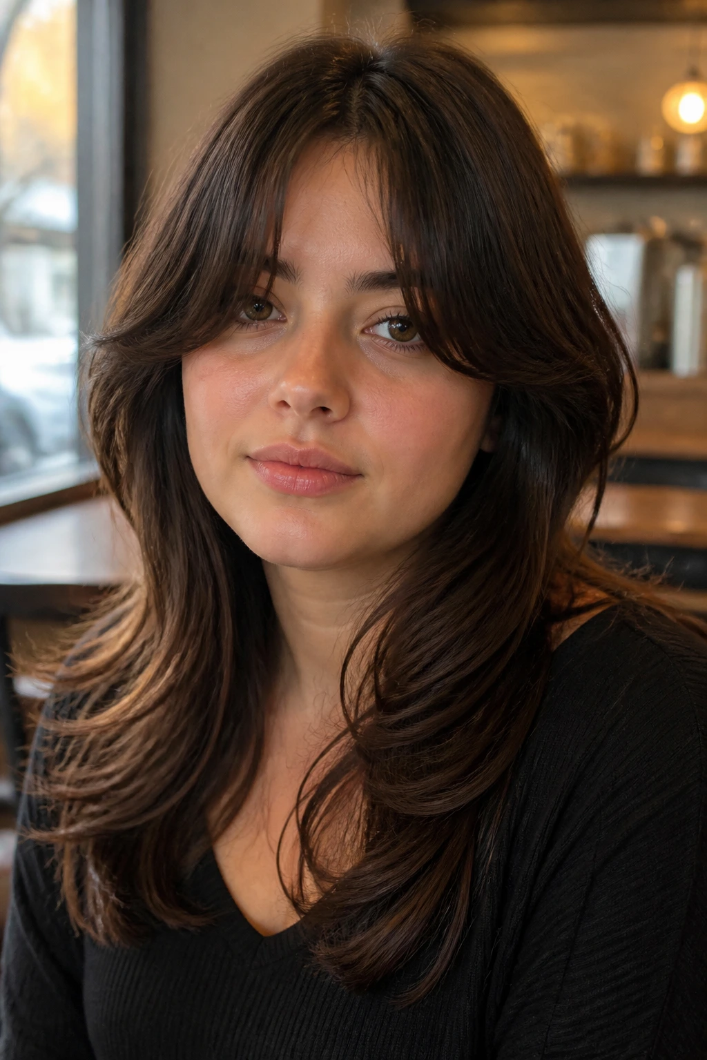 Portrait of a woman with curtain bangs framing her face in natural light