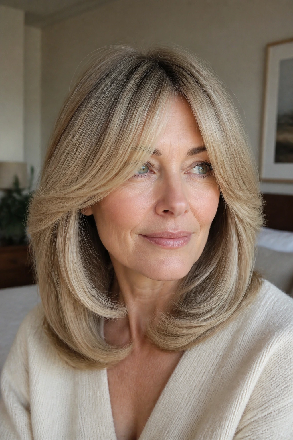 Close-up of a real woman with curtain bangs and rounded blowout creating face-framing fullness