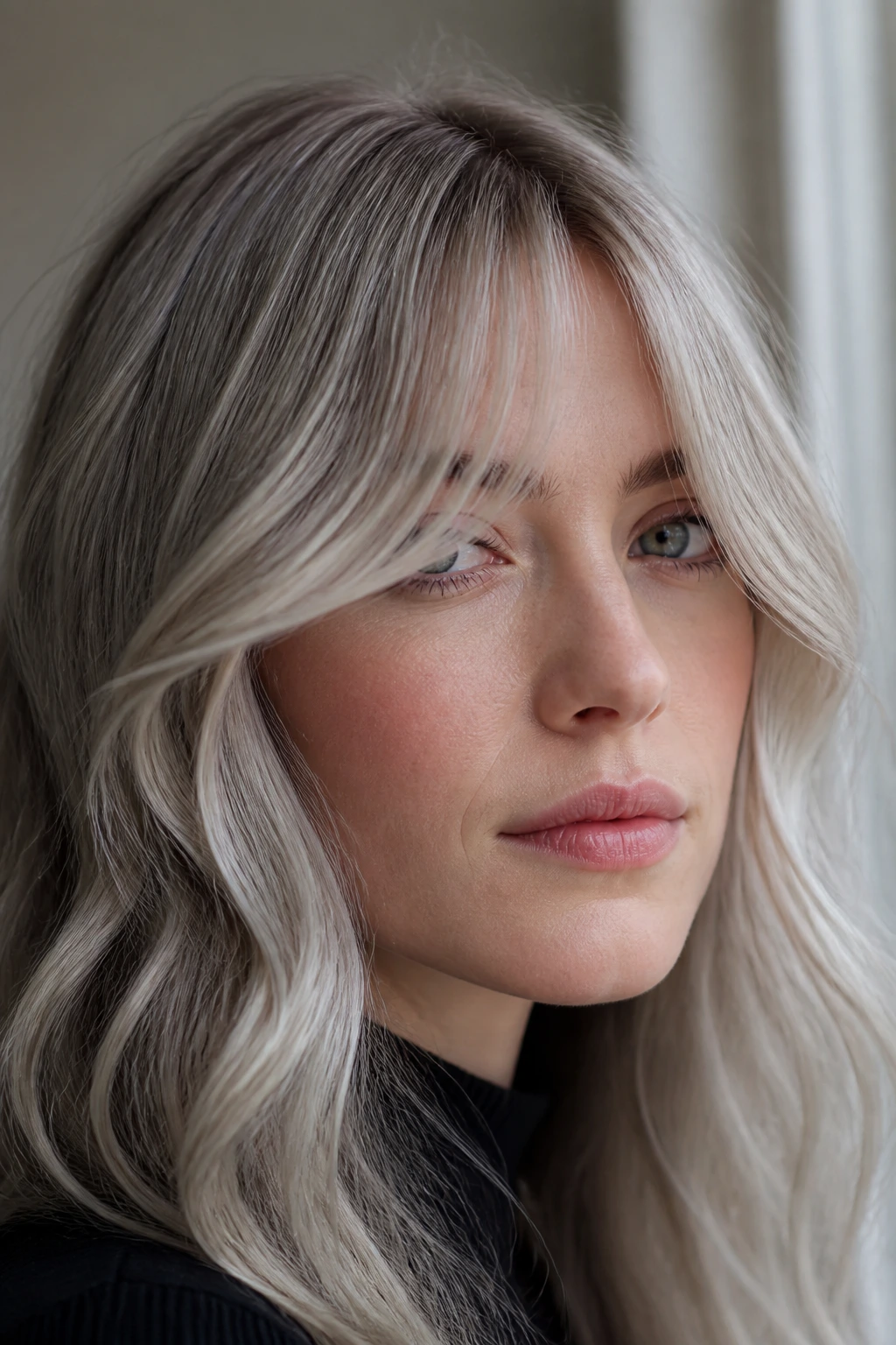 Portrait of a real person with curtain bangs and soft S-bends in steel blonde