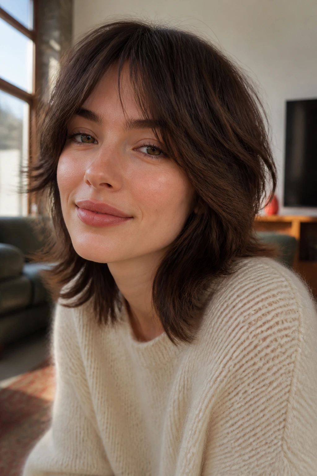 Close-up of real person with baby curtain bangs and soft shag layers
