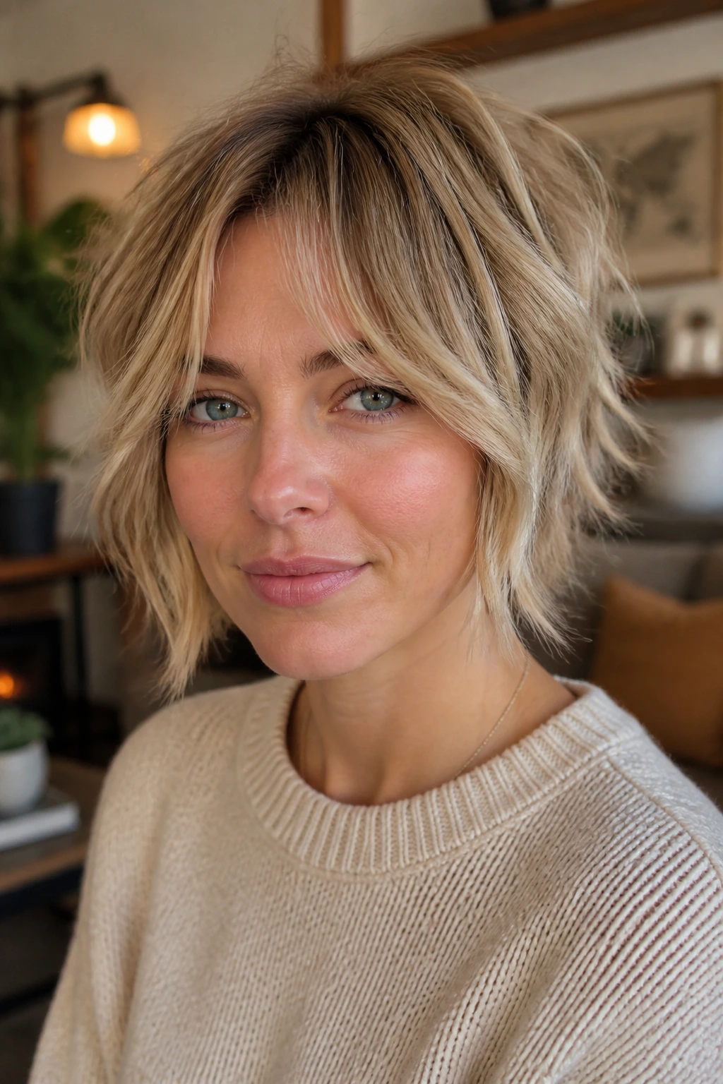 Portrait of a real woman with curtain bangs and a textured short shag.
