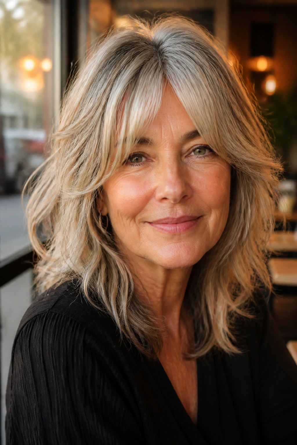 Close-up of a real woman with curtain bangs and shag layers in soft cafe light