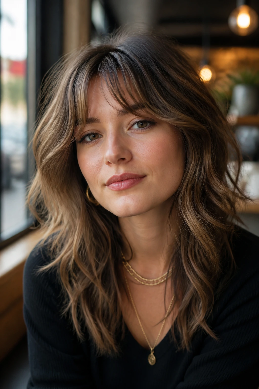 Portrait of a woman with curtain bangs and shaggy textured waves.