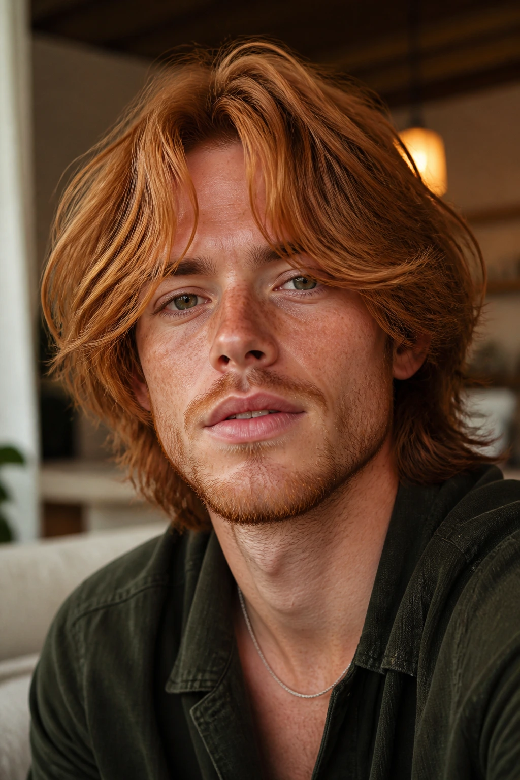 Close-up portrait of a real person with curtain bangs and mid-length shag in warm light