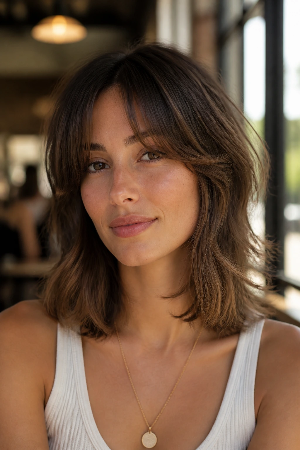 Portrait of a woman with curtain bangs and shaggy mid-length cut