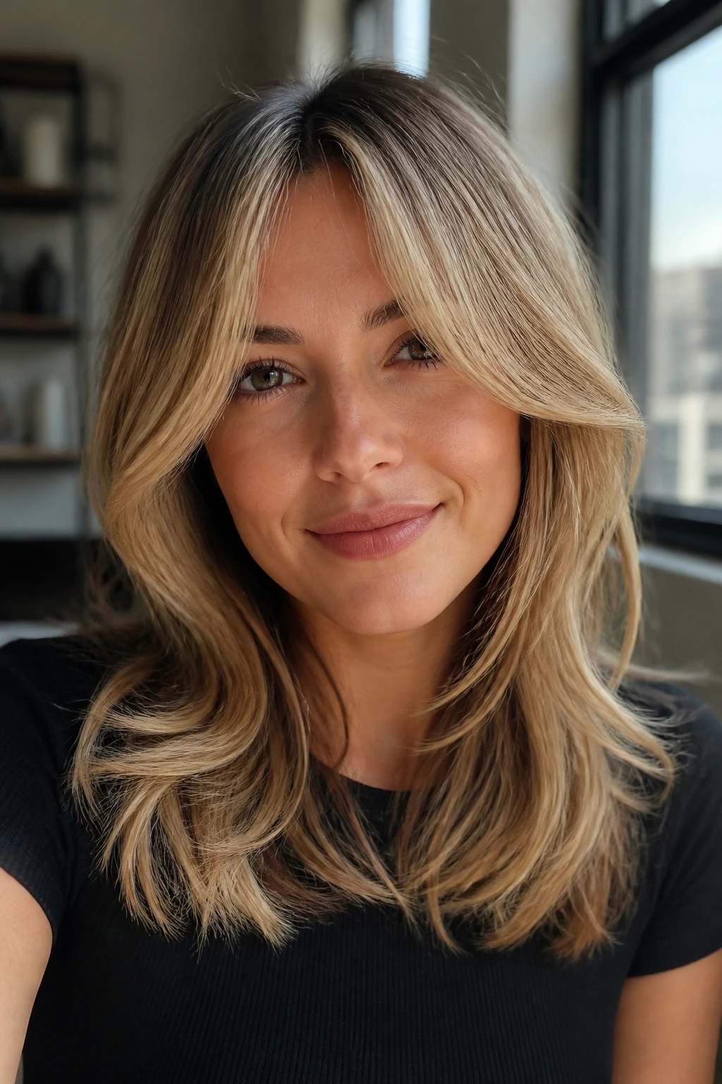 Portrait of blonde curtain bangs with versatile fringe shape in daylight