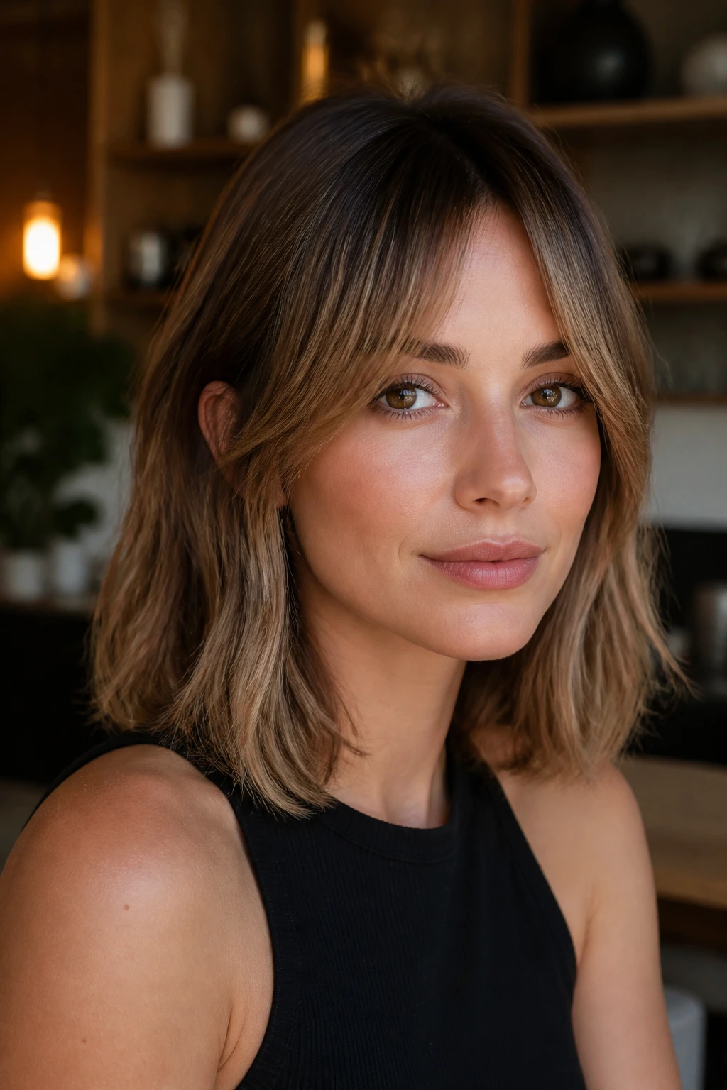 Close-up portrait of a real woman with curtain bangs shaped to frame the face in a warm living space