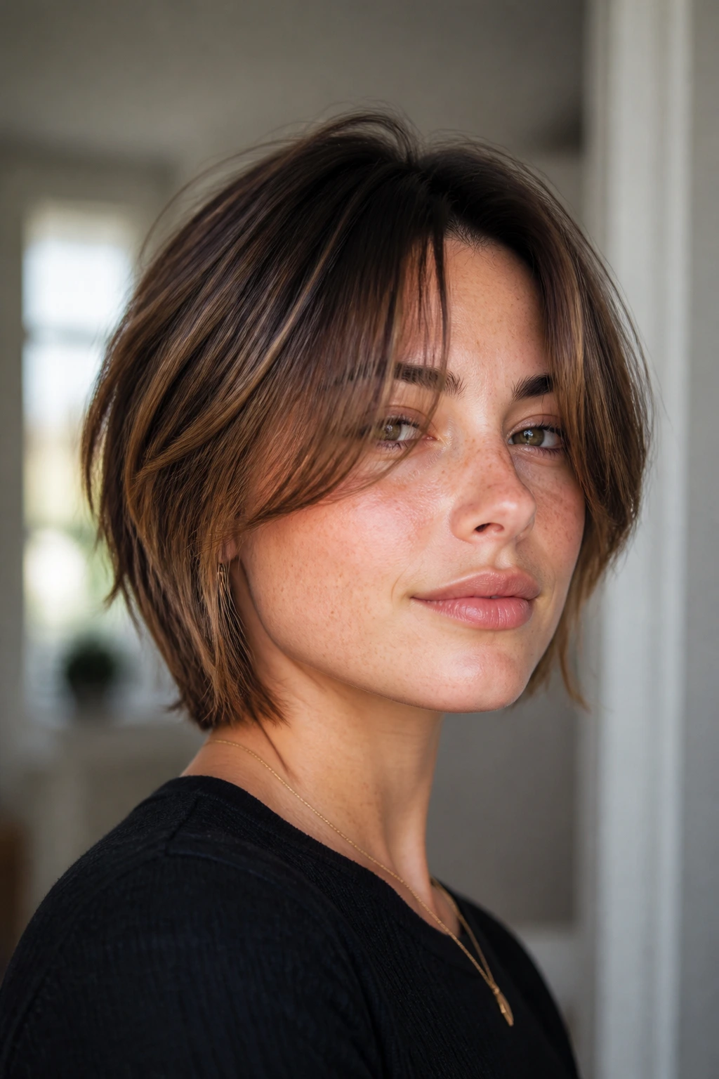 Portrait of a real woman with curtain bangs on a short grow-out cut.