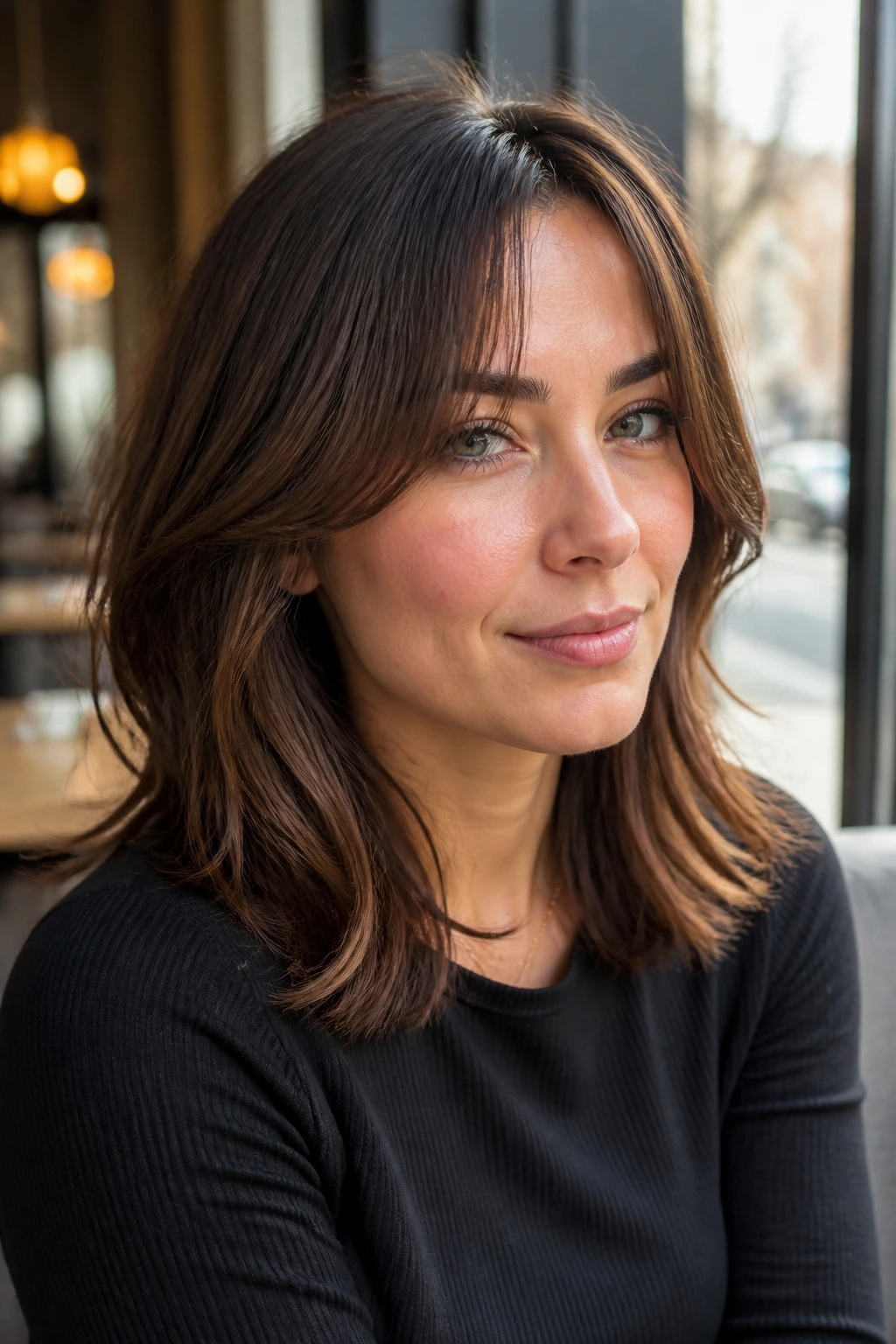 Portrait of a woman with curtain bangs and shoulder-length cut softening the jaw.
