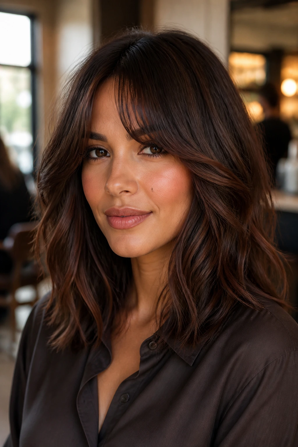 Portrait of a woman with curtain bangs and shoulder-grazing layers in warm brown tones