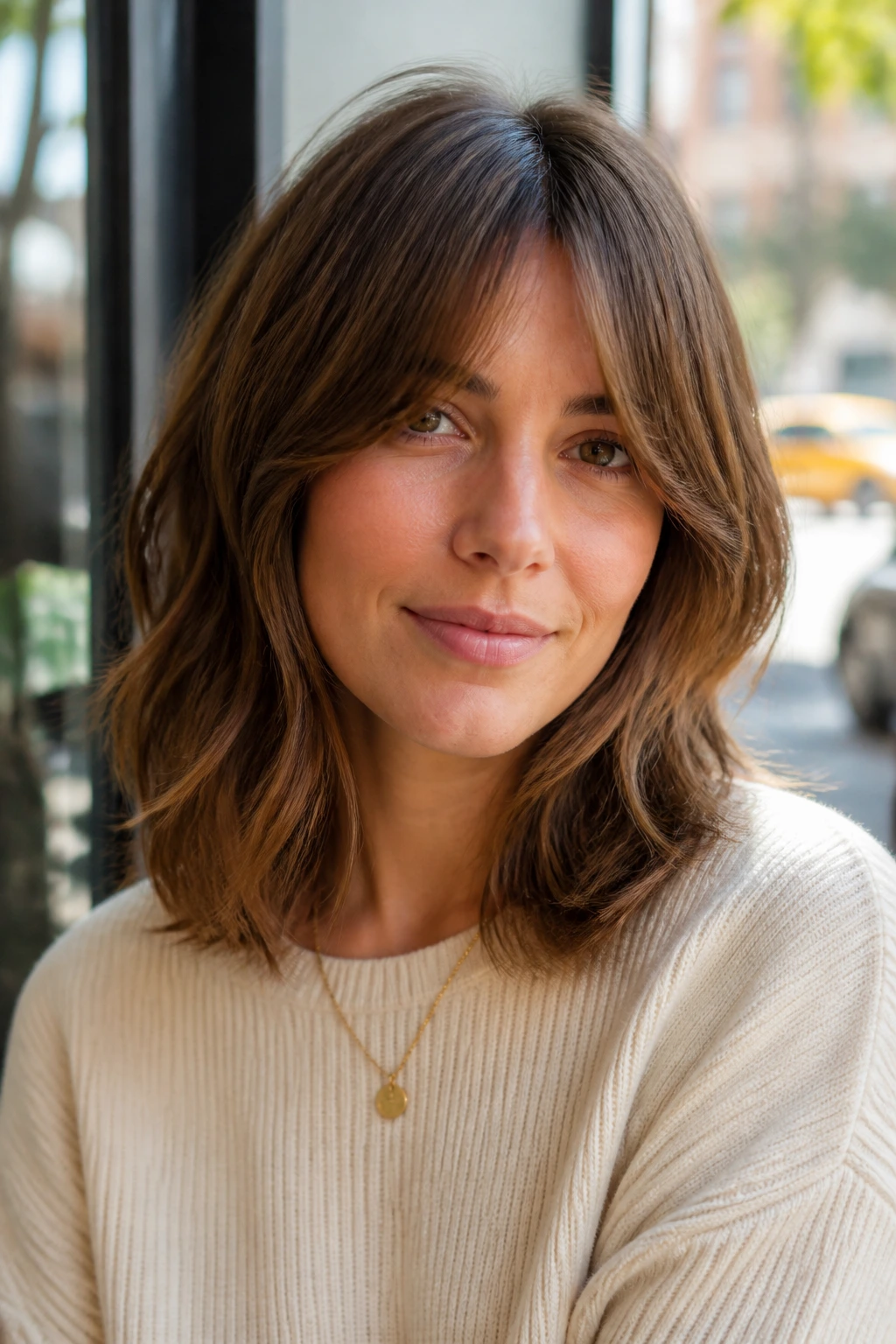 Portrait of a woman with curtain bangs and shoulder-length layers.