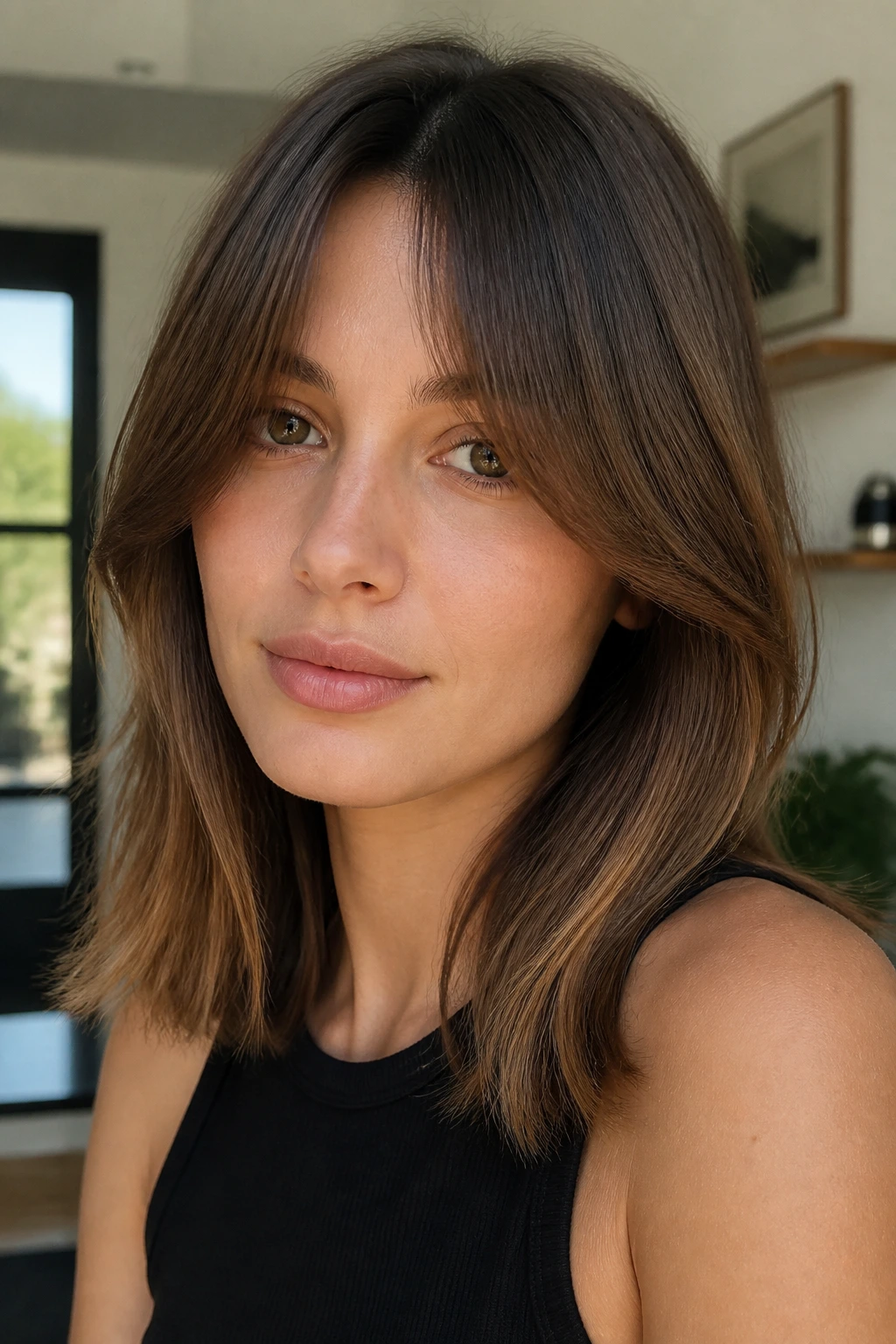 Shoulder-length hair with curtain bangs framing the face