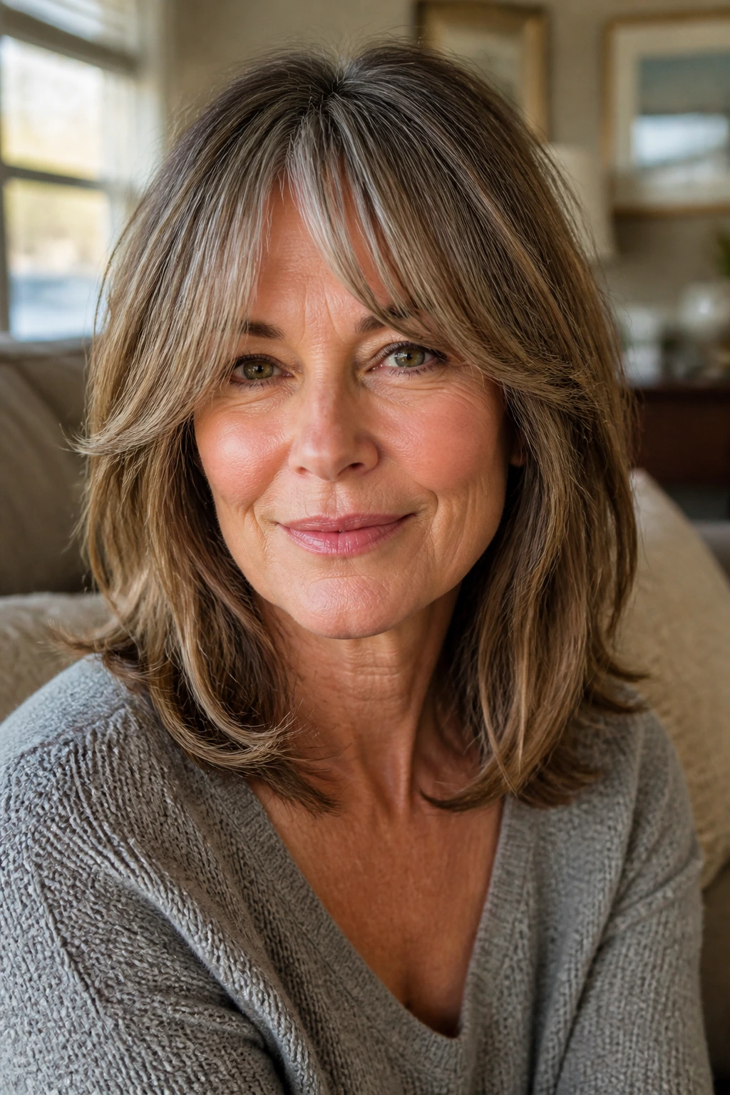 Close-up of a real woman with curtain bangs blending into shoulder-length hair in a cozy living room.