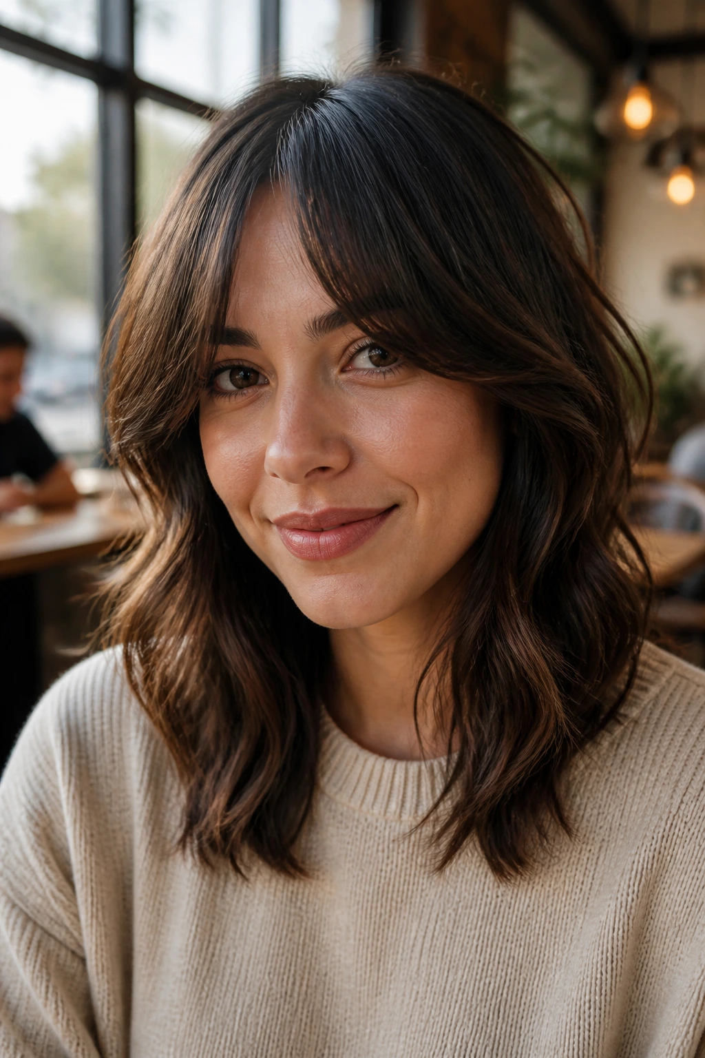 Close-up of a real woman with curtain bangs and shoulder-length layers