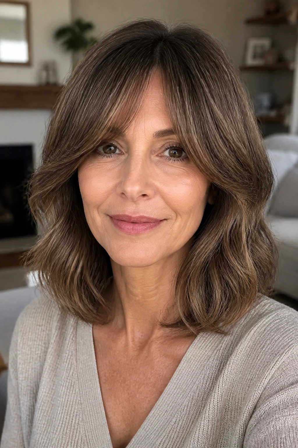Curtain bangs with shoulder-length waves on a real person