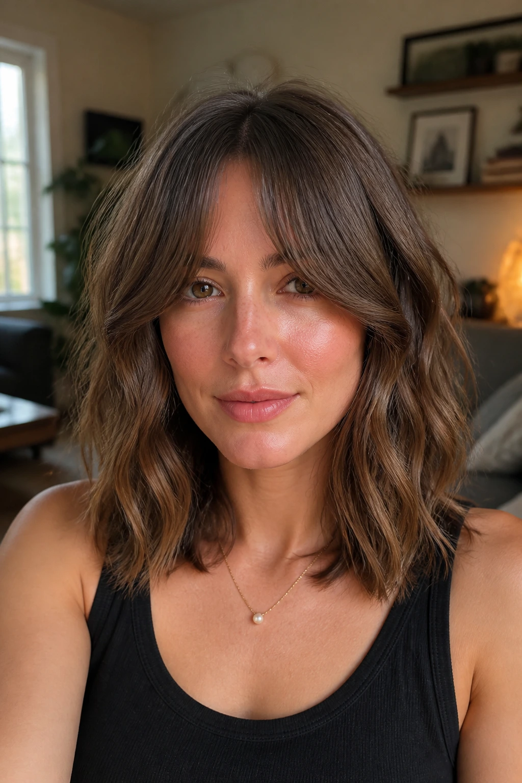Portrait of a real woman with curtain bangs and shoulder-skimming cut.
