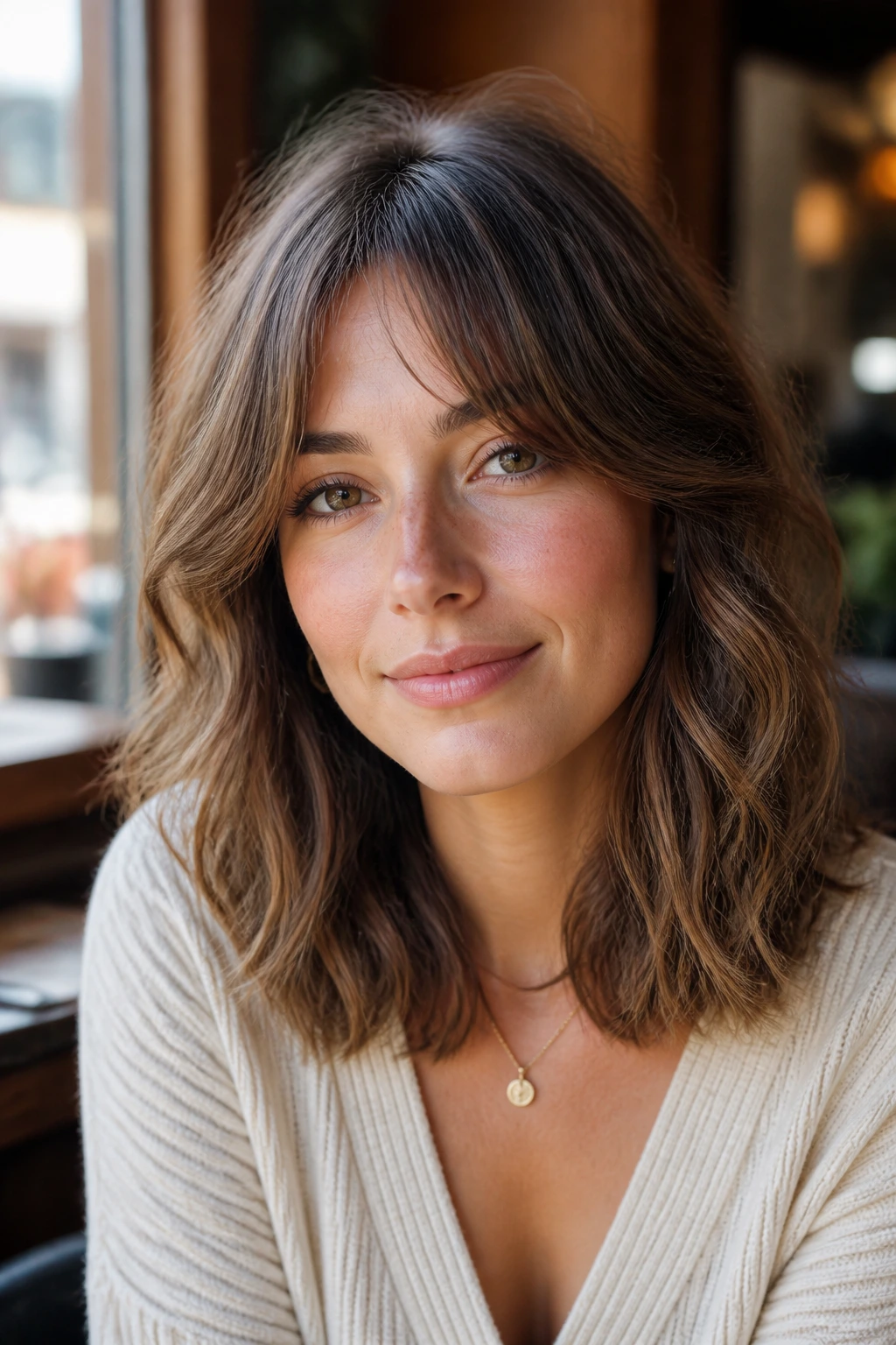 Portrait of a woman with curtain bangs and shoulder-length waves
