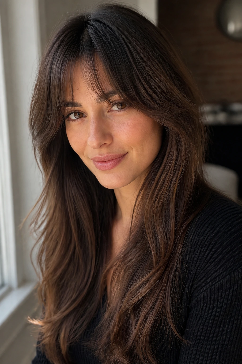 Close-up of a real woman with curtain bangs and long layered hair