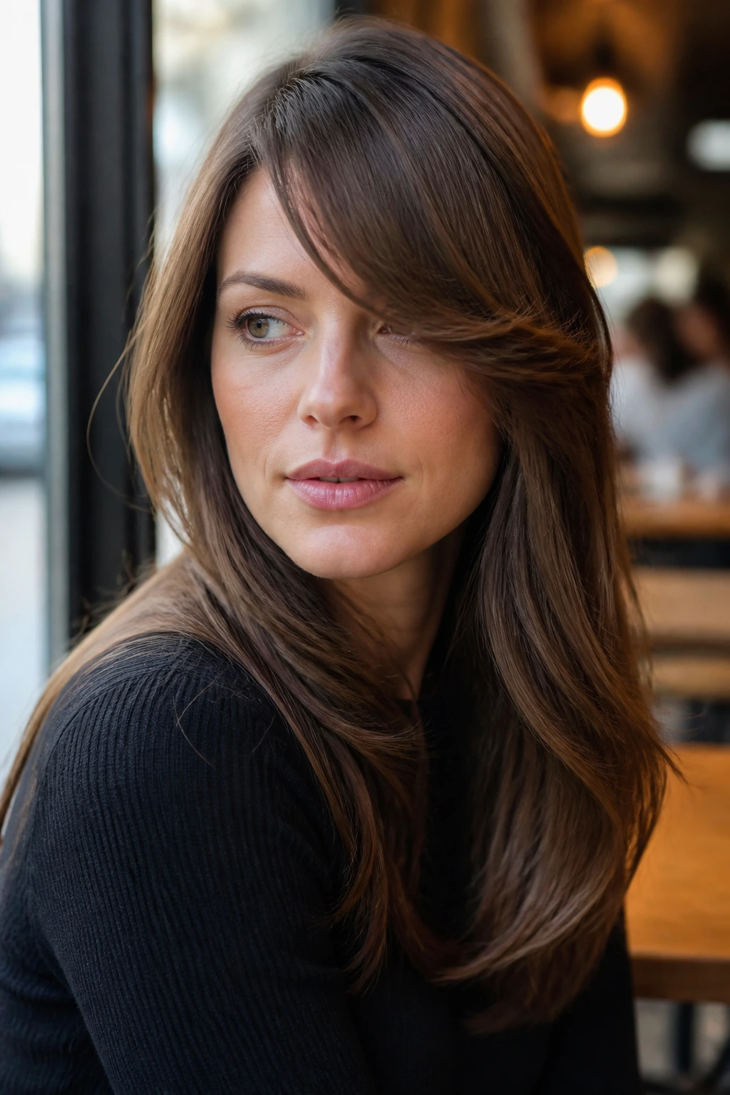 Close-up of a woman with curtain bangs swinging to one side in a cafe-like setting
