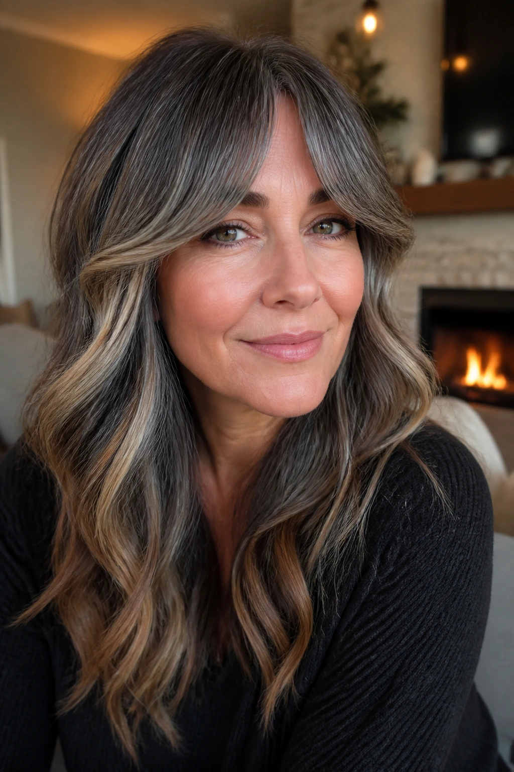 Portrait of a real woman with curtain bangs and silver waves with caramel ribbons.